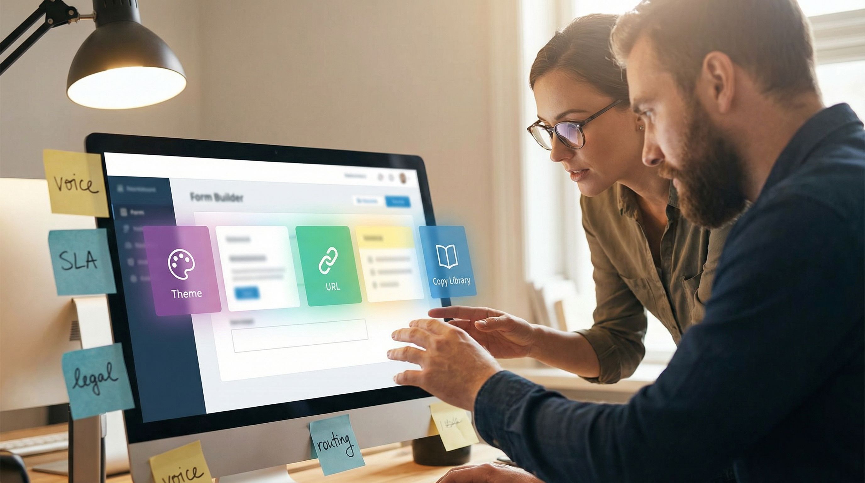 a close-up of a content strategist and an ops lead collaborating over a large monitor showing a form