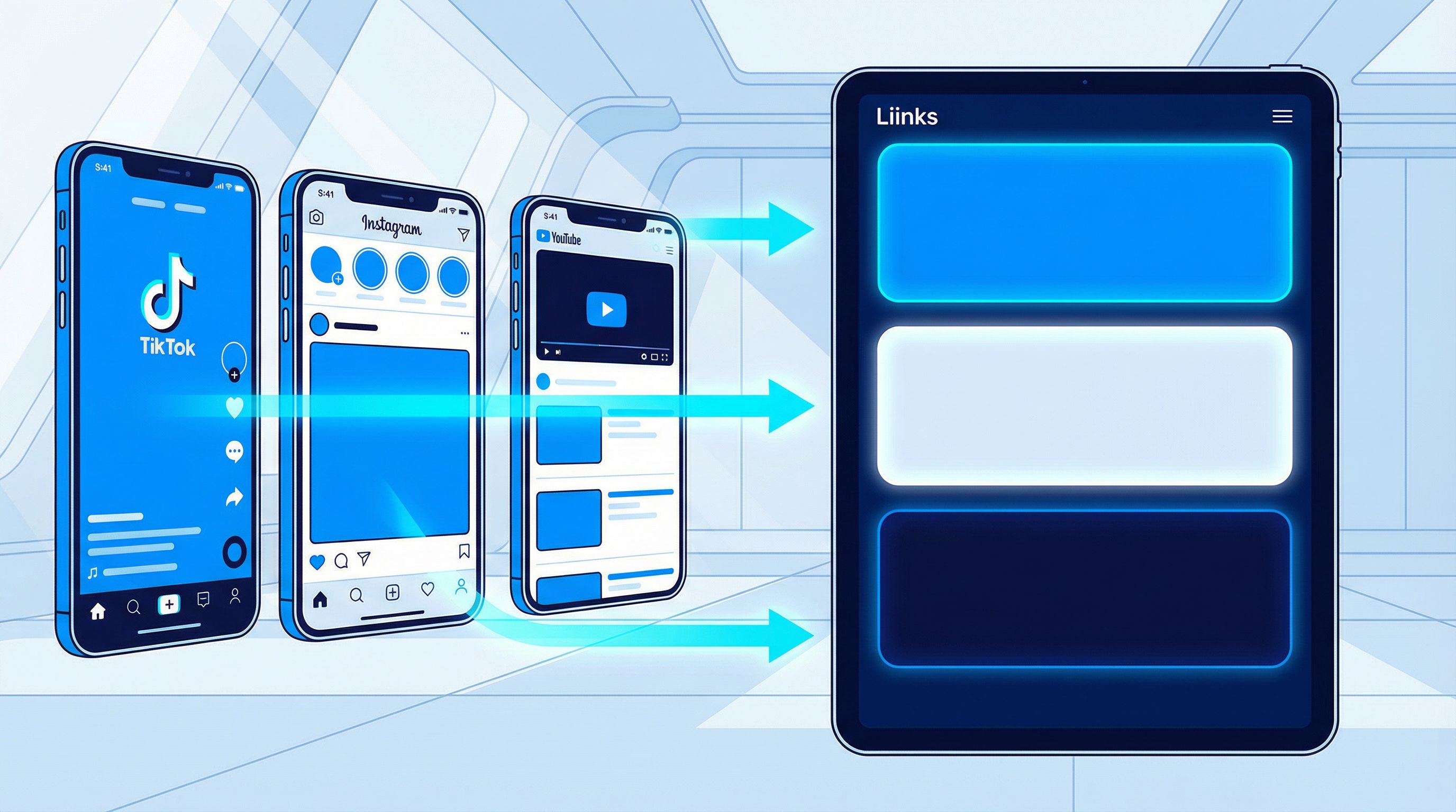 Split-screen illustration showing TikTok, Instagram, and YouTube app interfaces on the left feeding