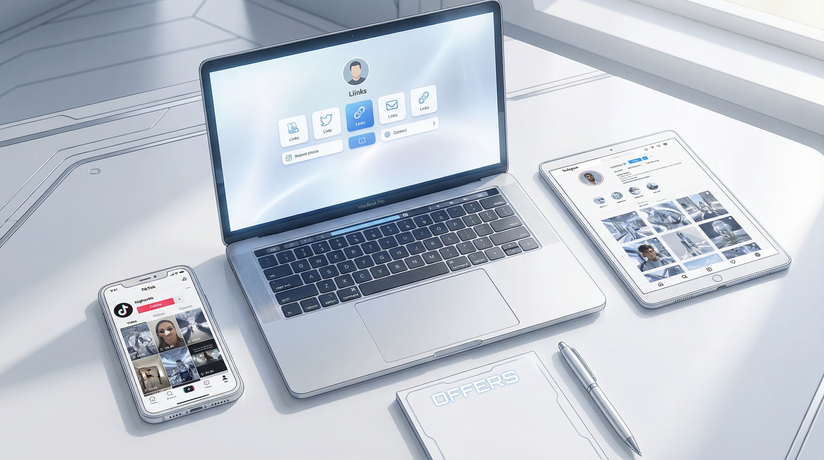 Overhead view of a creator’s workspace with a laptop showing a clean, minimal Liinks-style link hub