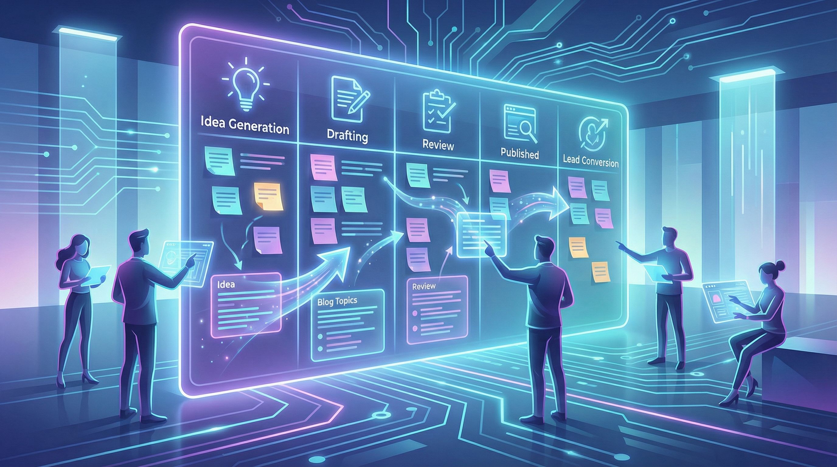 a marketing and sales team collaborating around a large wall-sized kanban board where sticky notes l