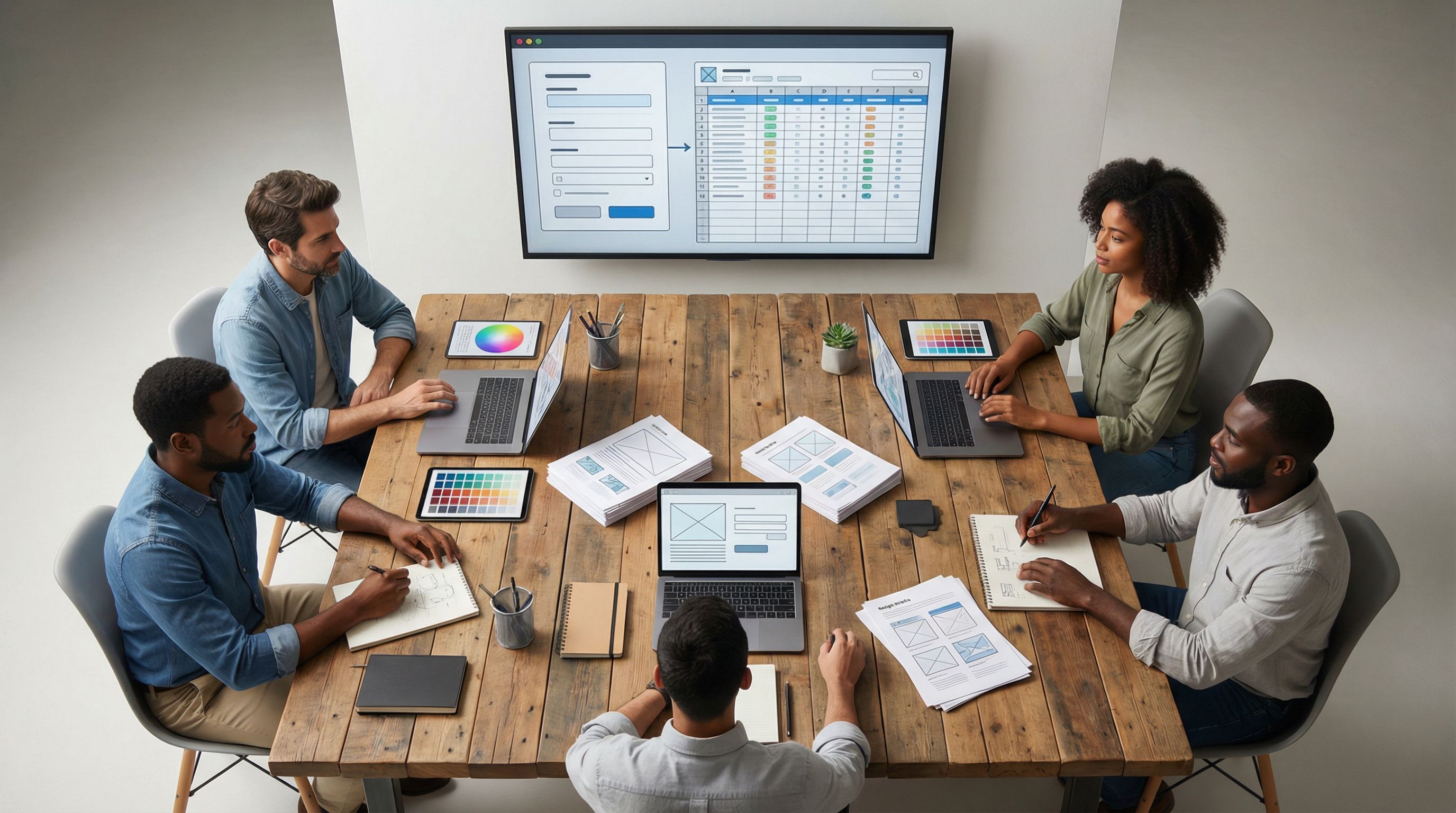 Overhead view of a creative agency team gathered around a large table covered with laptops, tablets,