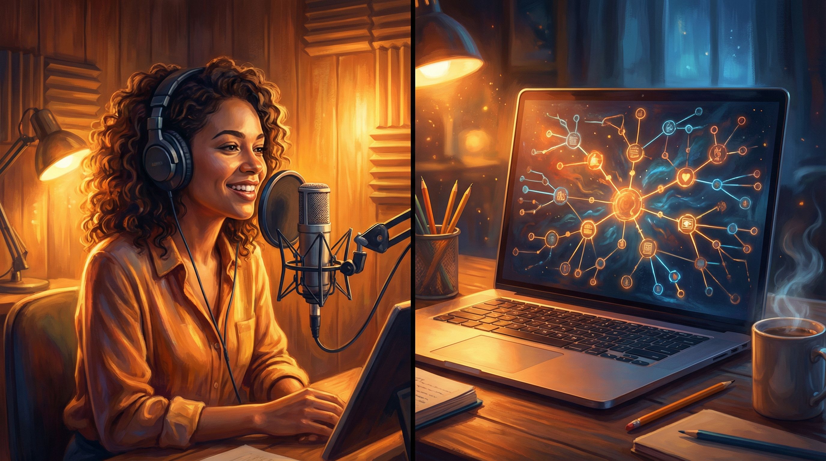 Split-screen image of a podcast host in a cozy recording booth on the left and a branching story map