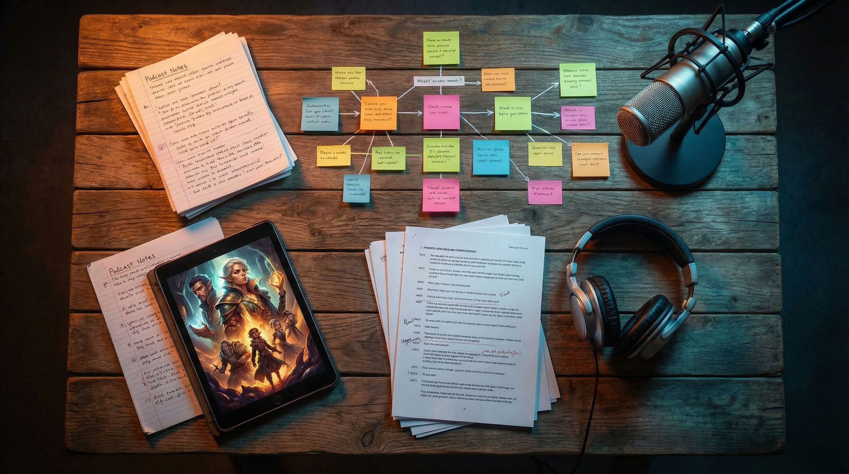 Overhead view of a large wooden table covered with podcast notes, printed scripts, sticky notes form