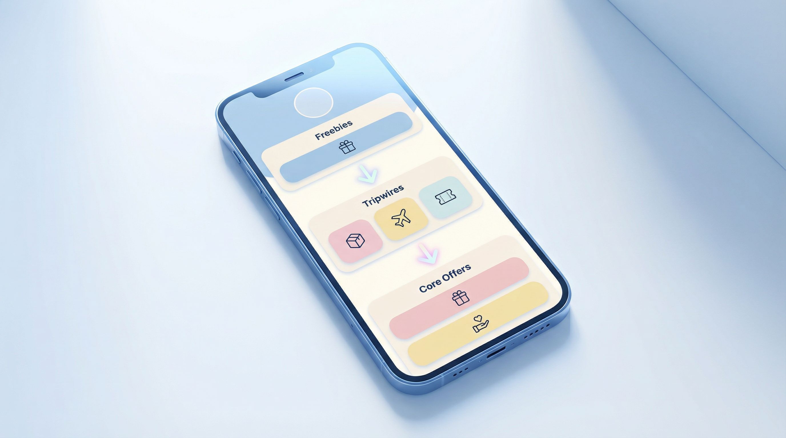 Overhead view of a smartphone showing a beautifully organized Liinks-style link-in-bio page with cle