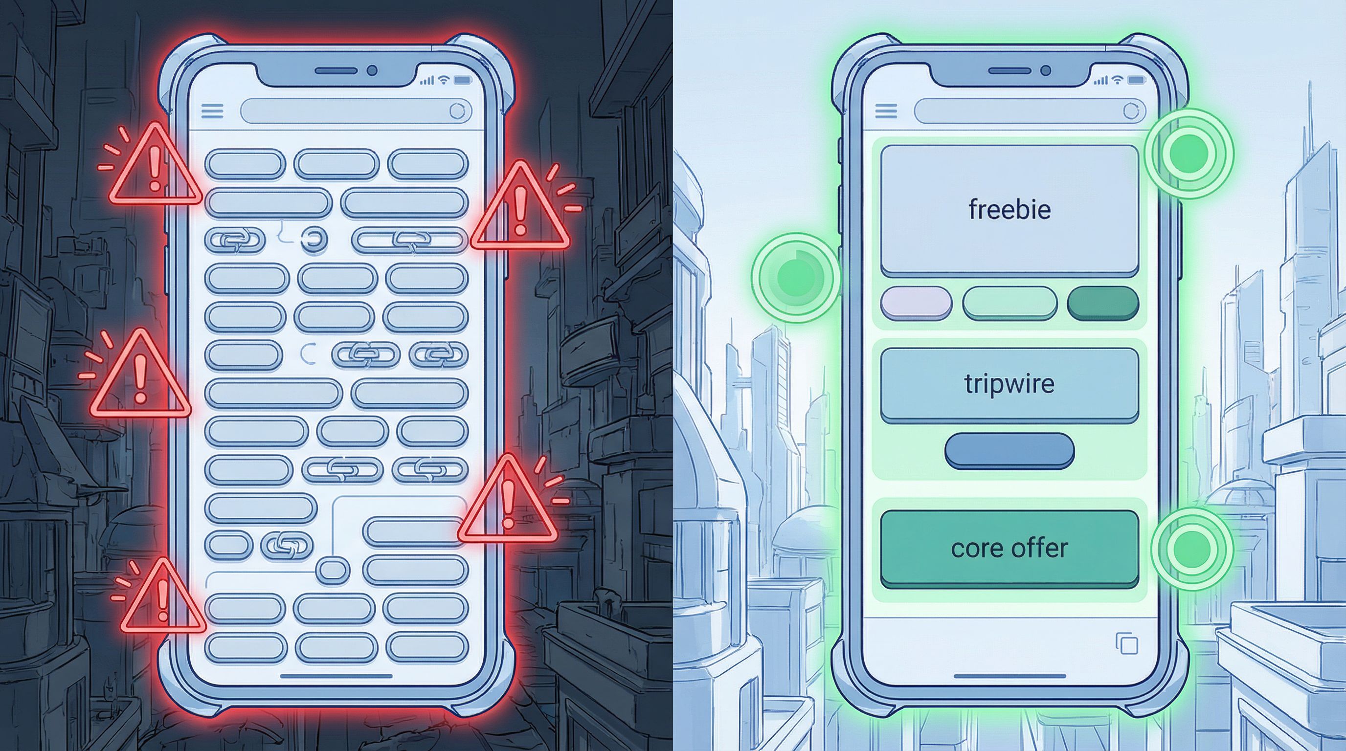 Side-by-side comparison of two link-in-bio pages on mobile, one cluttered with dozens of identical b