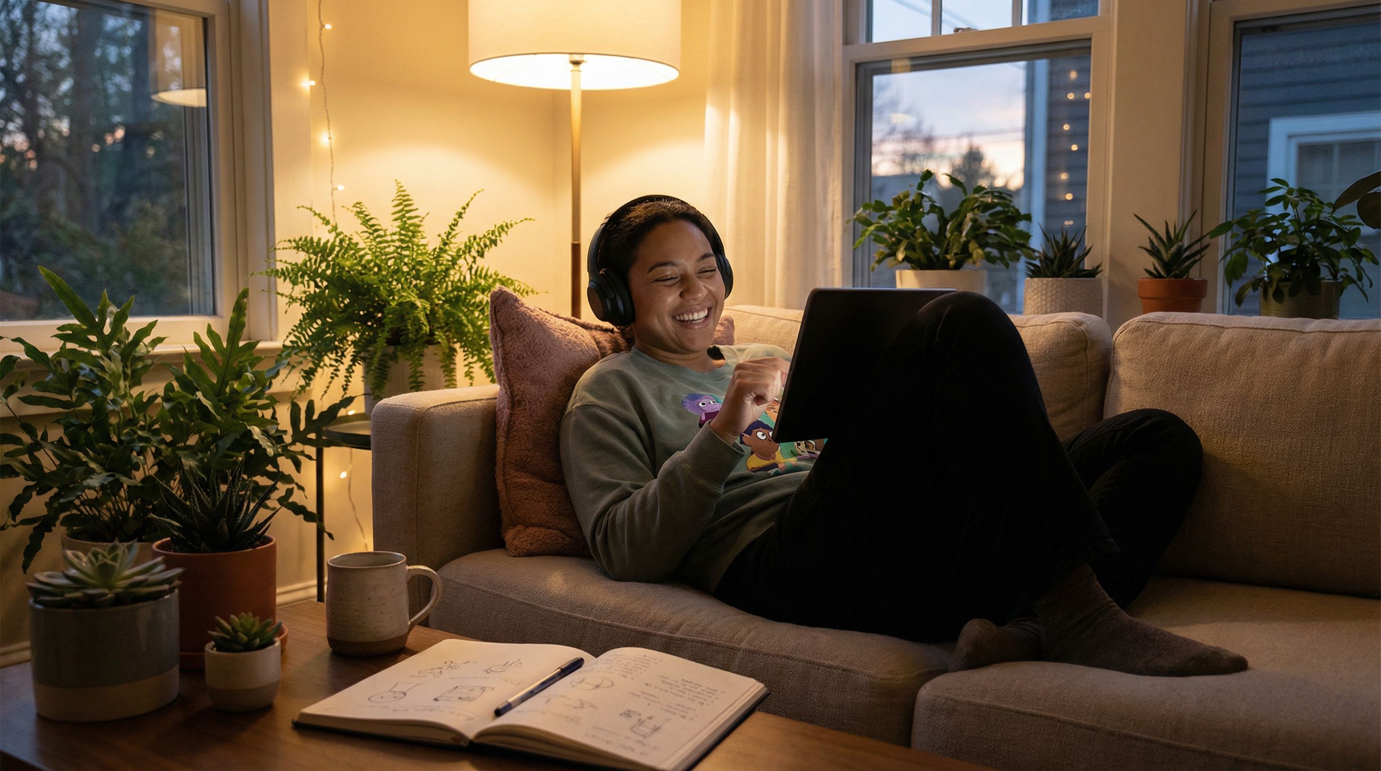 A cozy living room at dusk, a person curled up on a sofa with headphones on
