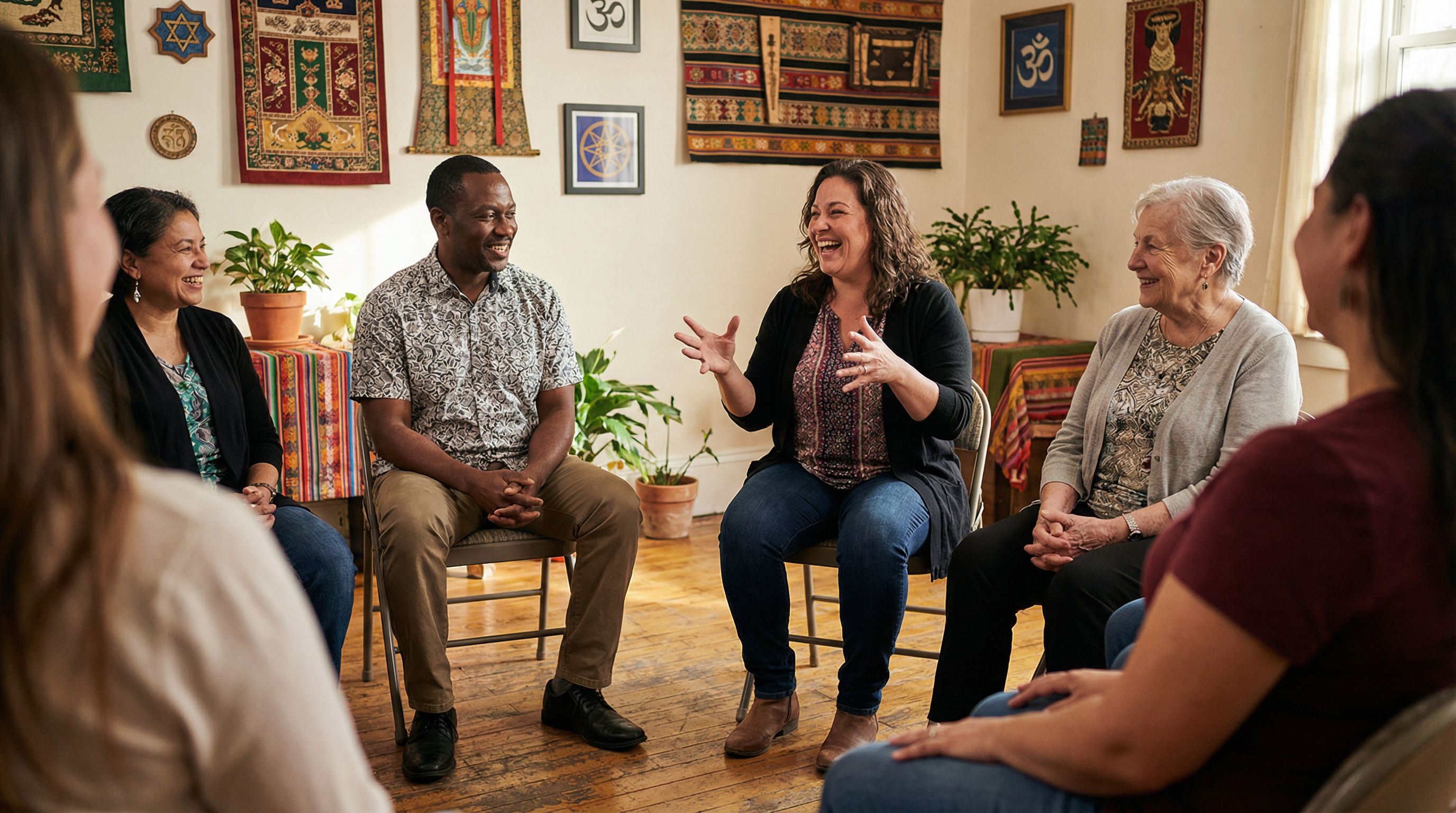A diverse group of adults seated in a circle in a community space, some laughing, some listening