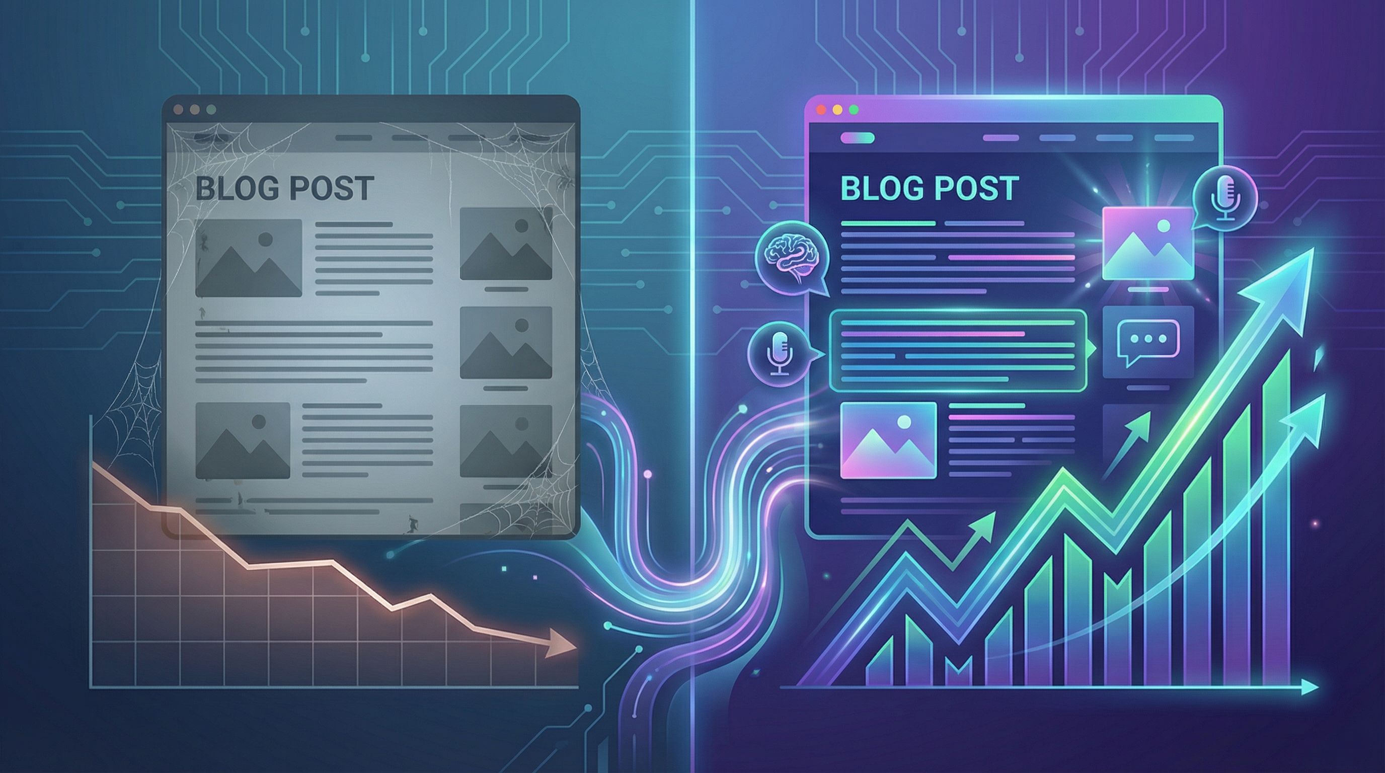 Split-screen illustration where the left side shows an old, faded blog post interface with dull colo