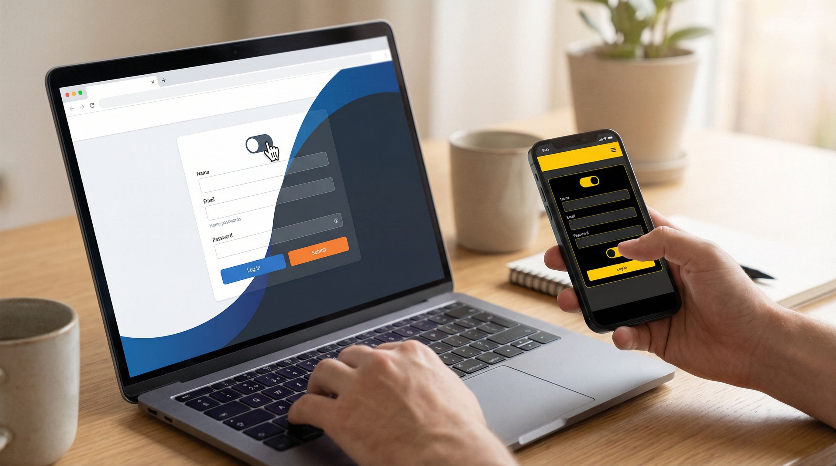Close-up of a user interacting with a responsive form UI on a laptop and a smartphone side-by-side,