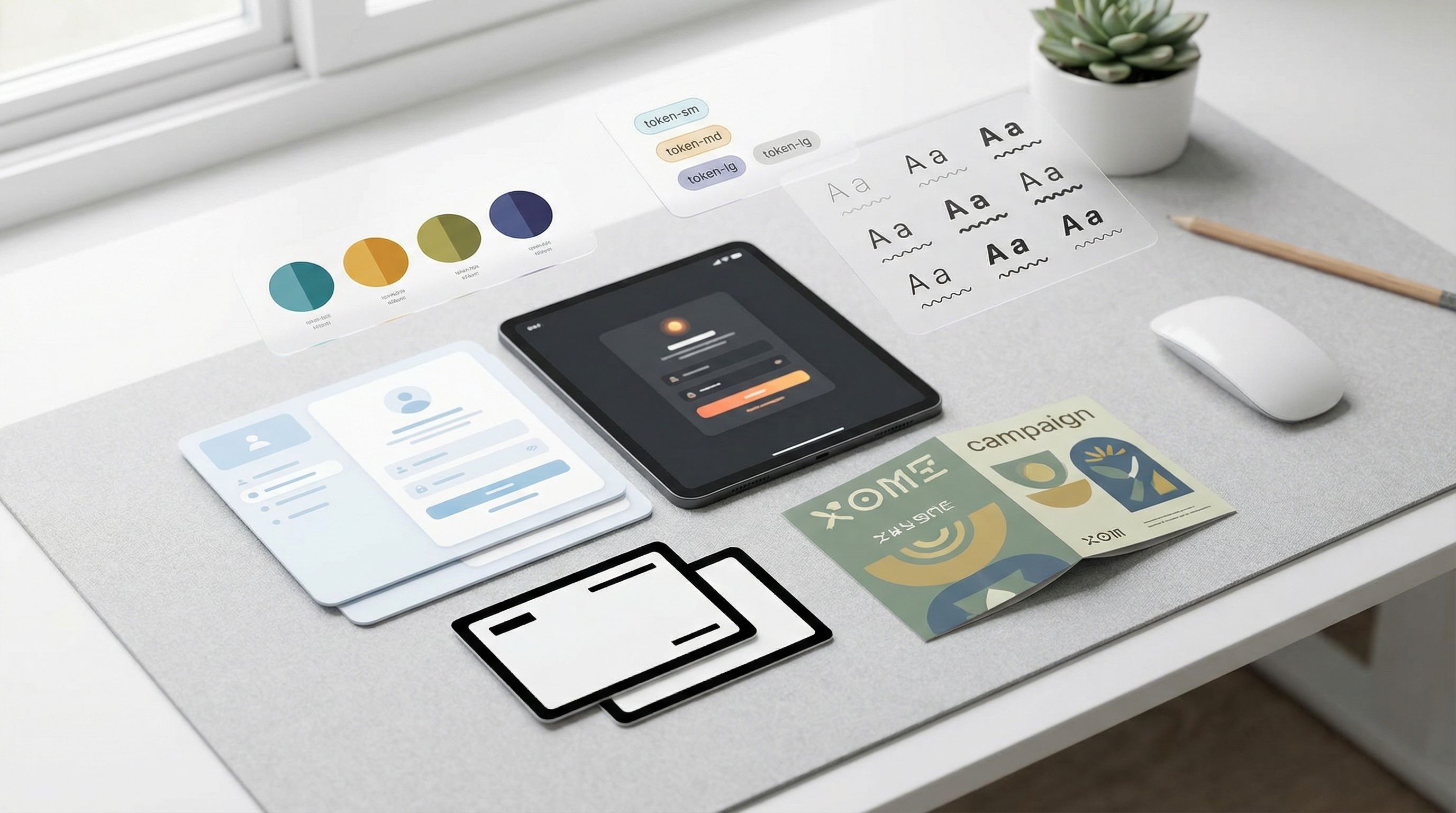 Flat-lay of multiple UI cards and form mockups in different themes (light, dark, high-contrast, camp