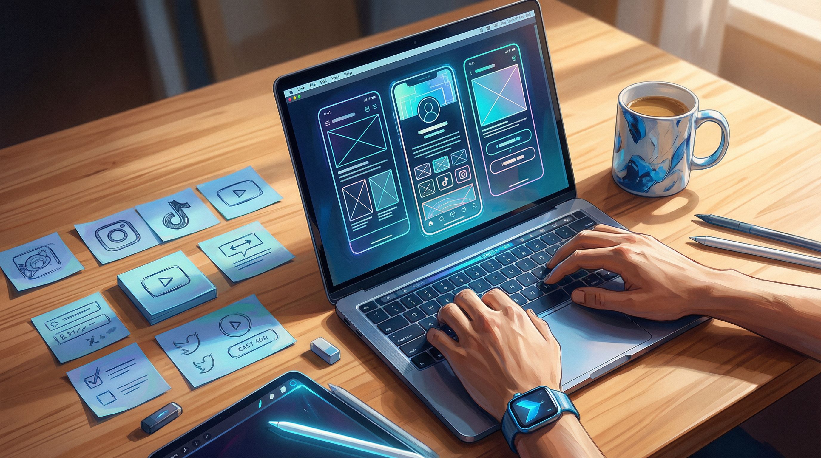 Overhead view of a creator at a laptop, the screen filled with colorful wireframes of a link-in-bio