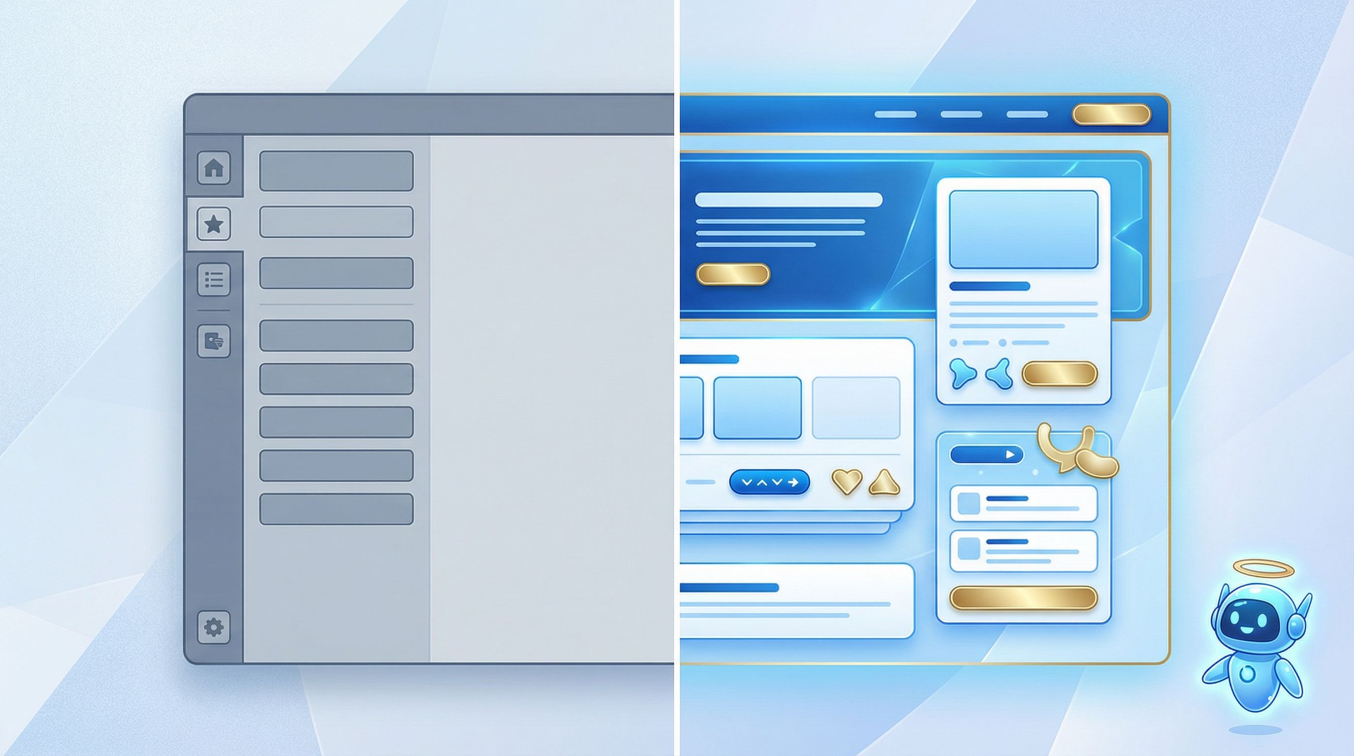 Split-screen comparison where the left side shows a dull, gray, list-style generic link page and the
