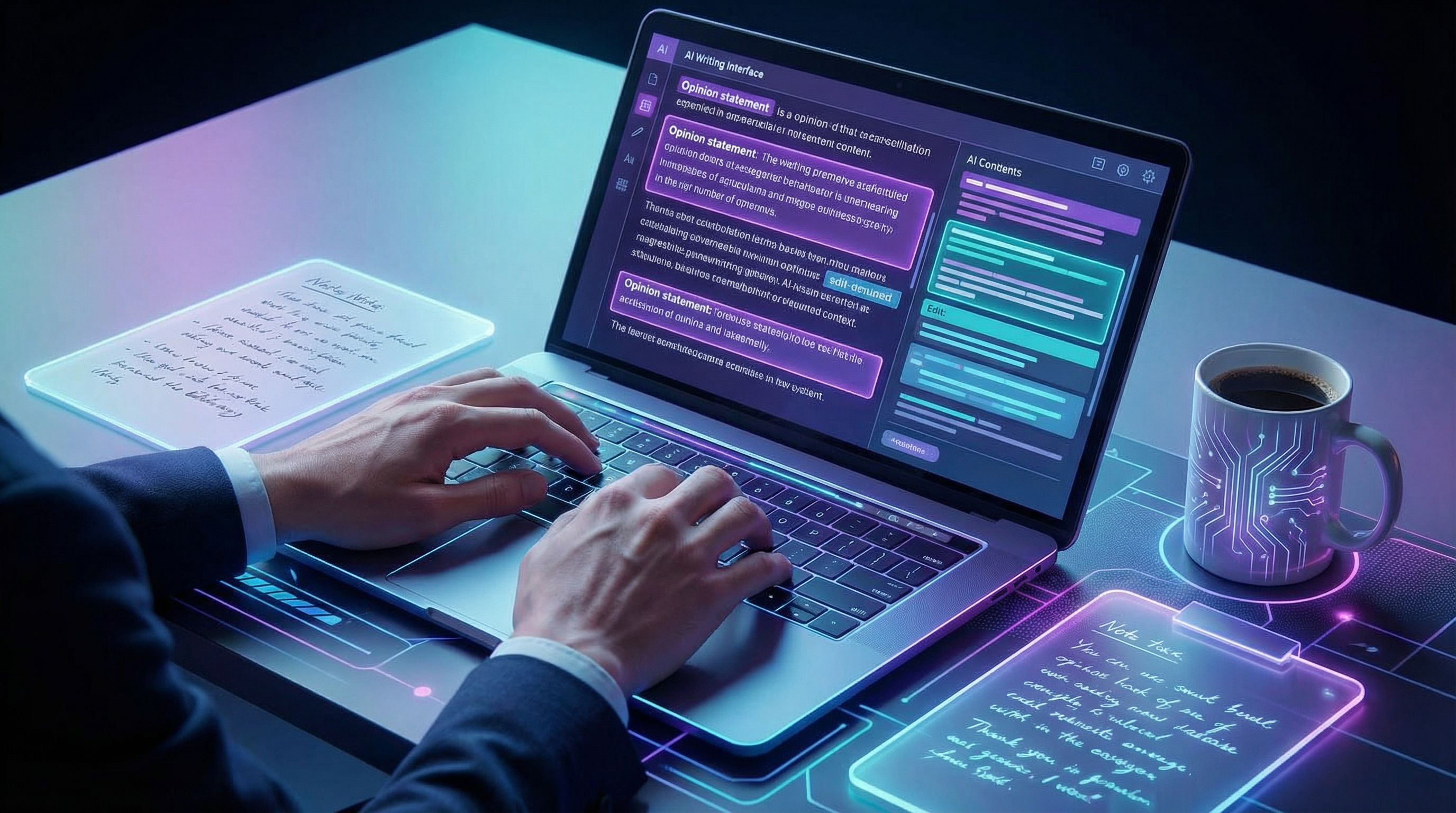 Close-up of a laptop screen showing an AI writing interface with bolded opinion statements and highl