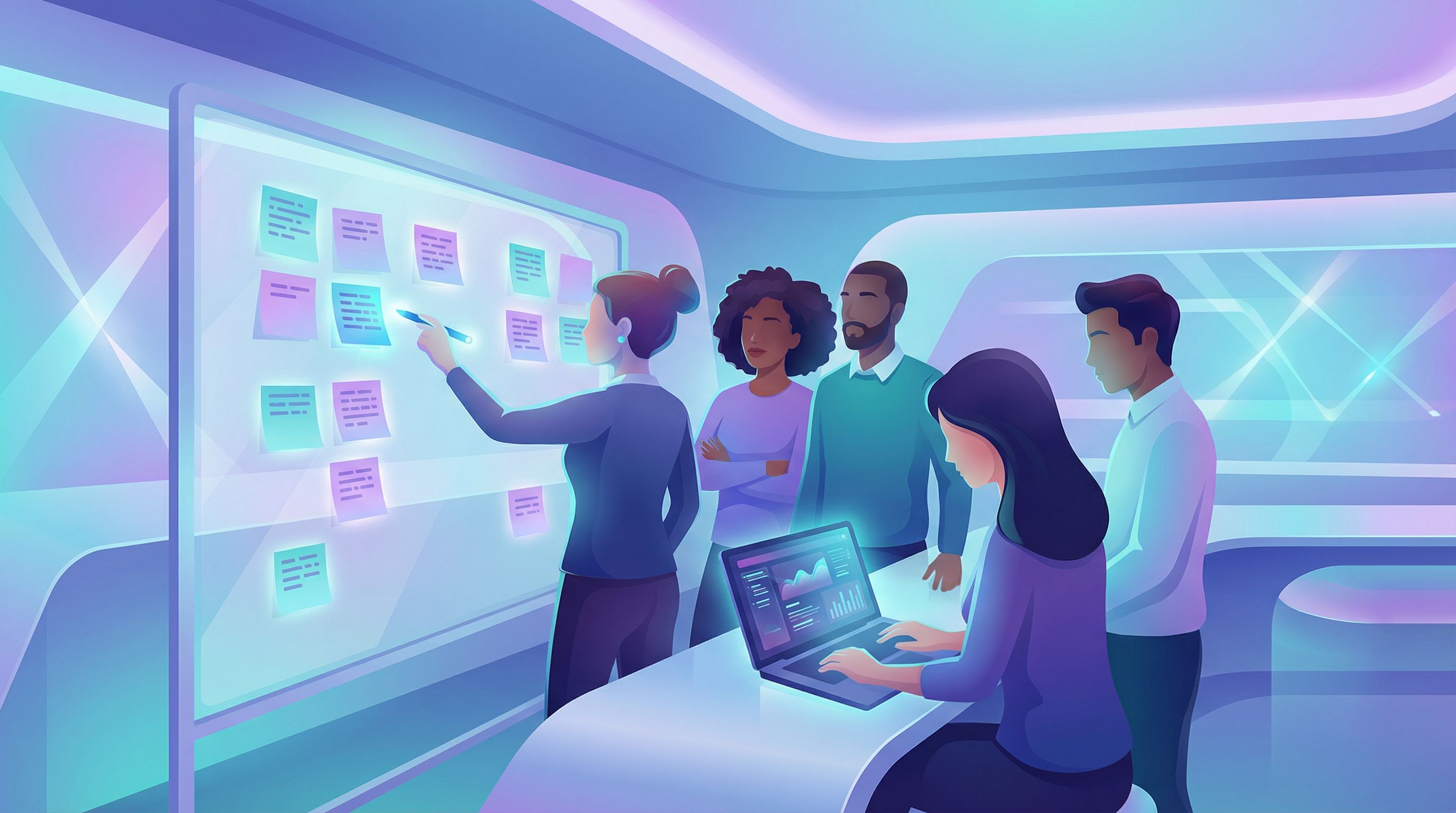 Wide scene of a marketing team gathered around a whiteboard covered in sticky notes with raw custome