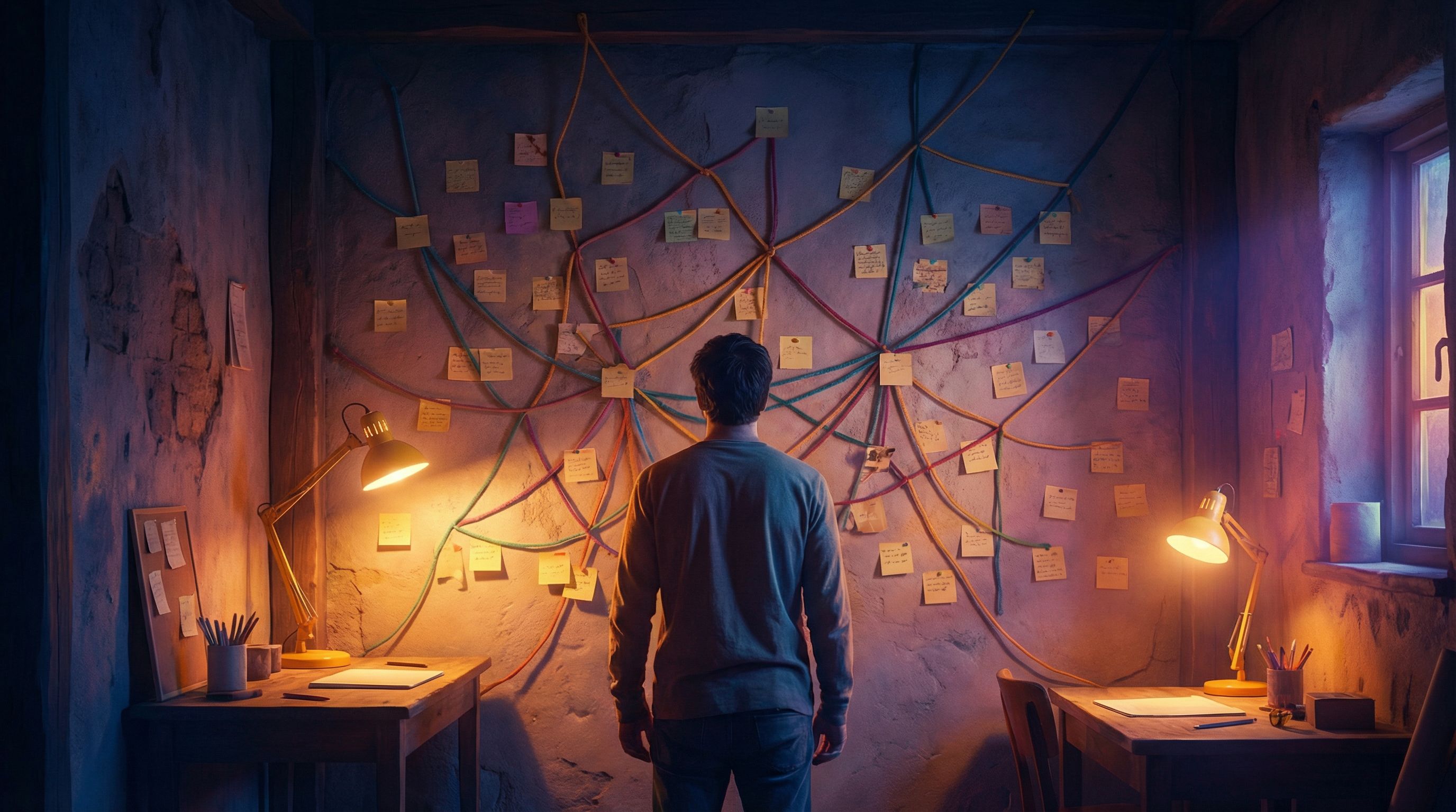 a branching narrative map on a large wall, strings and sticky notes connecting different life and bu