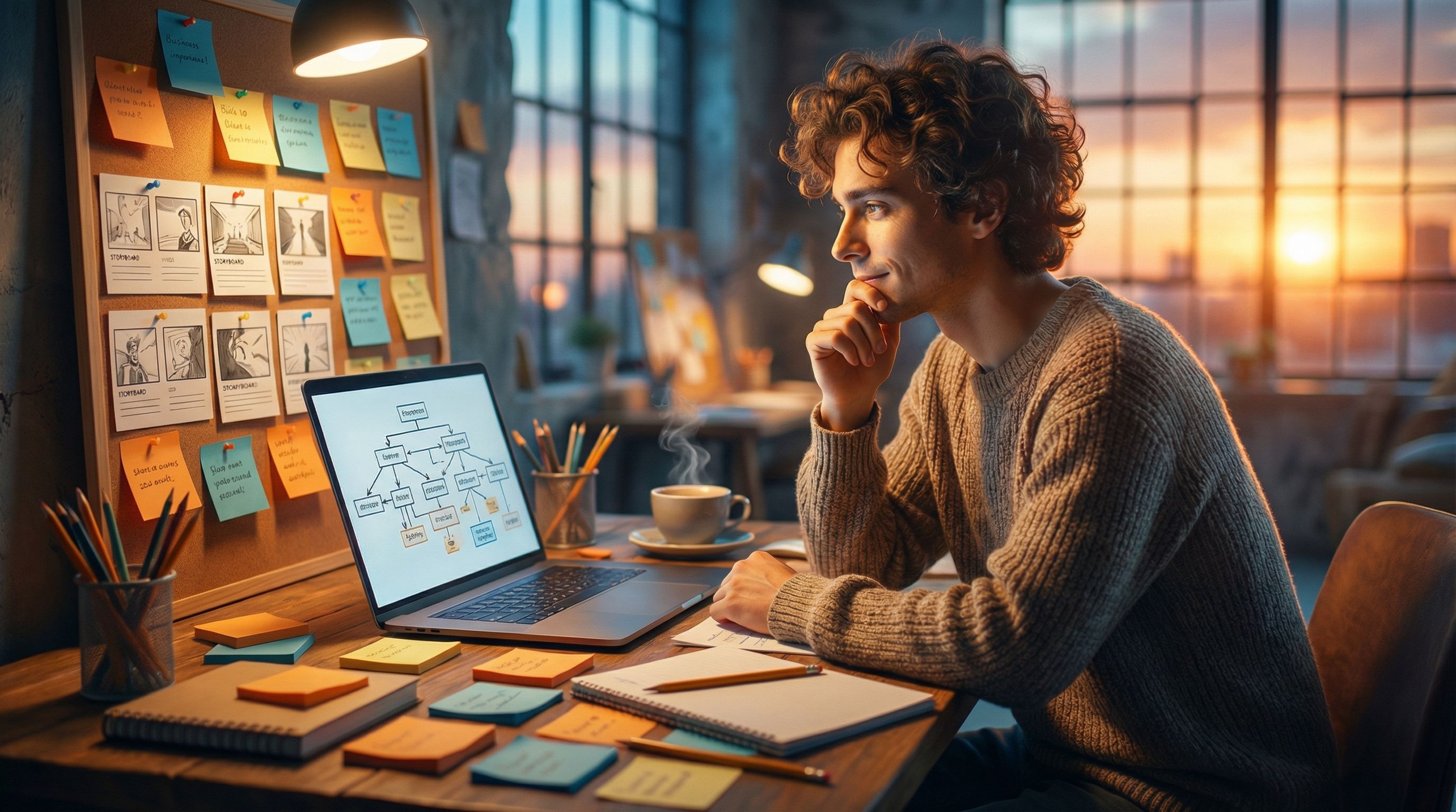 a solo entrepreneur at a desk covered in sticky notes and storyboard cards, laptop open to a branchi
