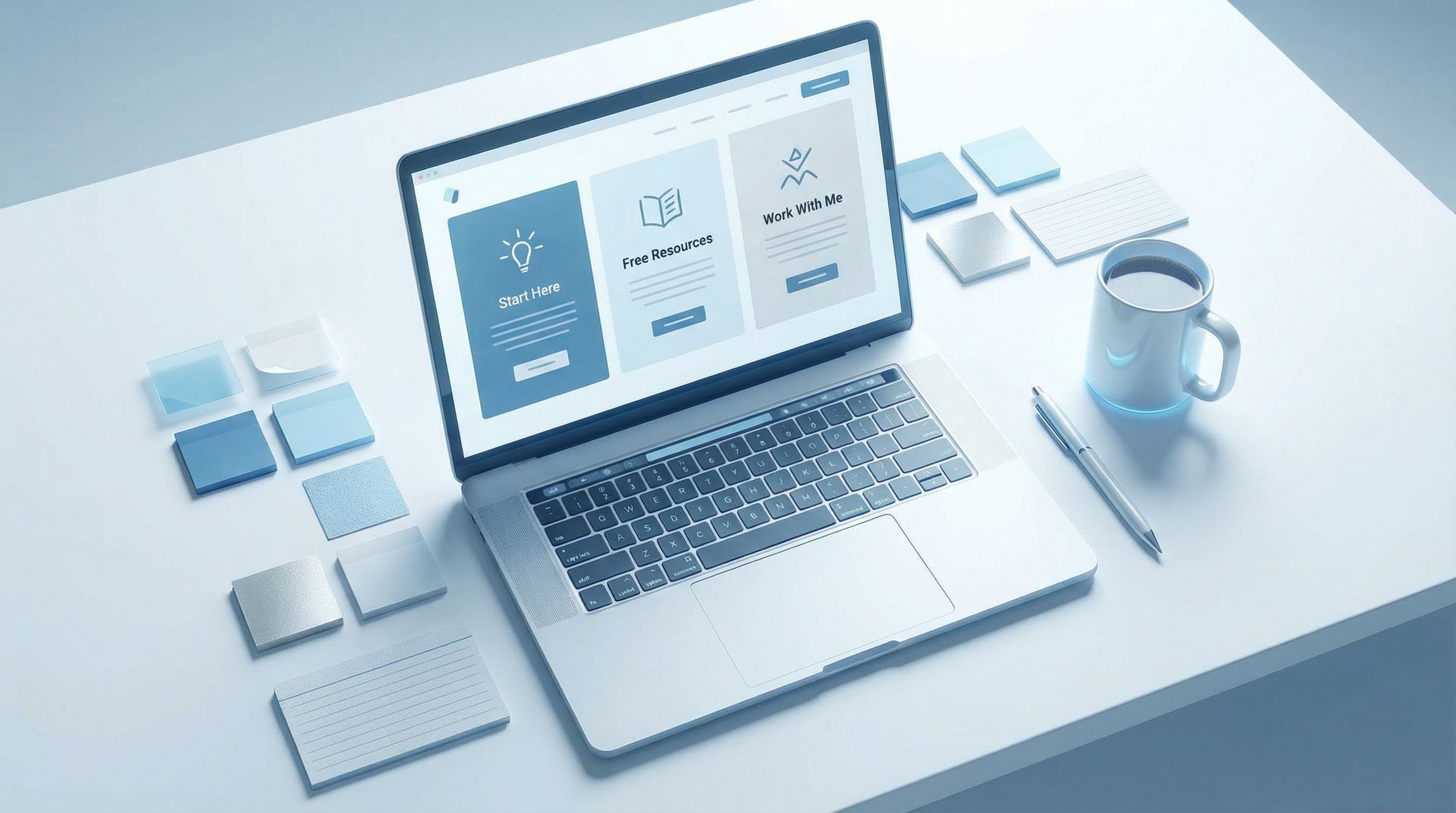 Overhead view of a minimalist desk with a laptop open to a Liinks-style page showing distinct, color