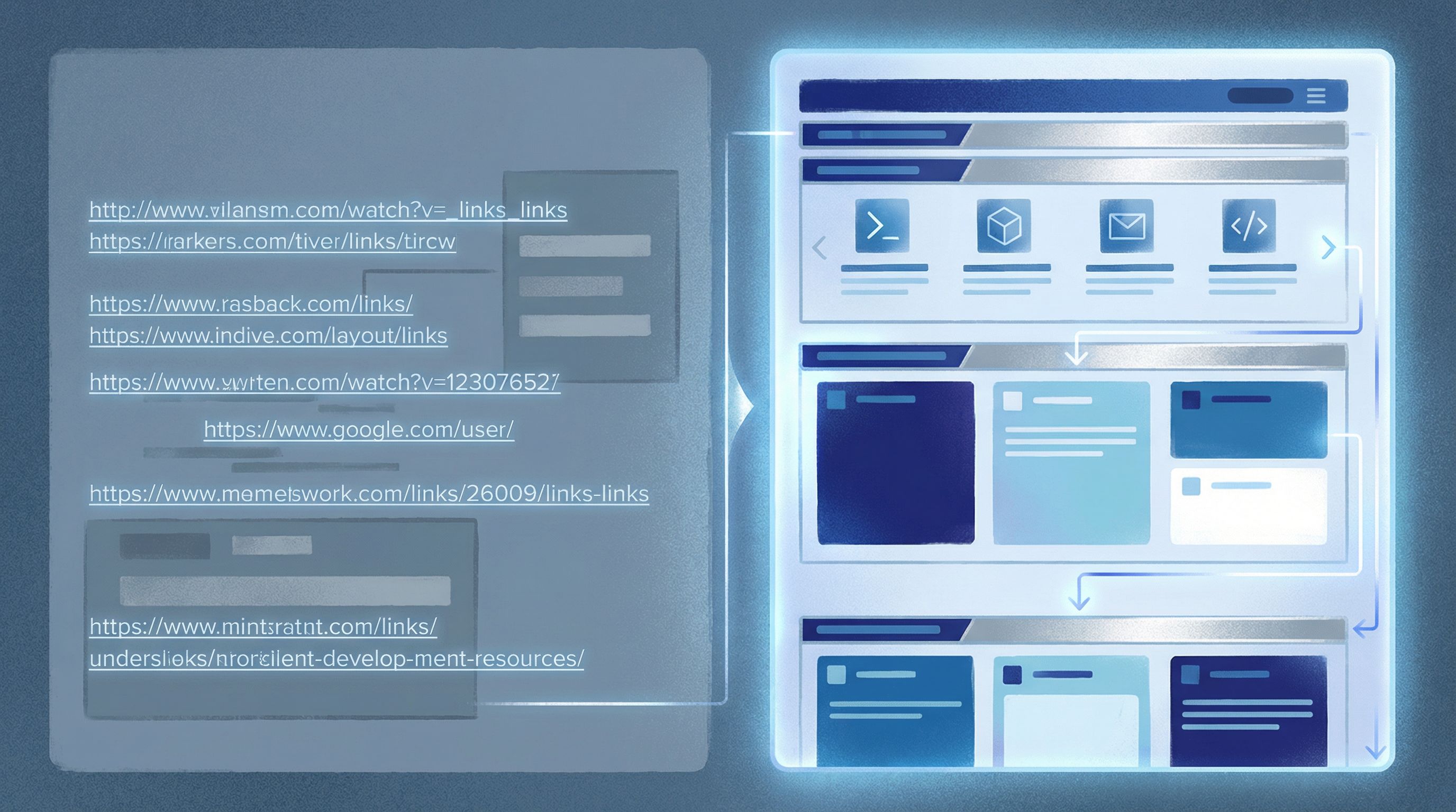 Split-screen digital mockup: on the left, a cluttered, unstyled list of generic links on a dull back