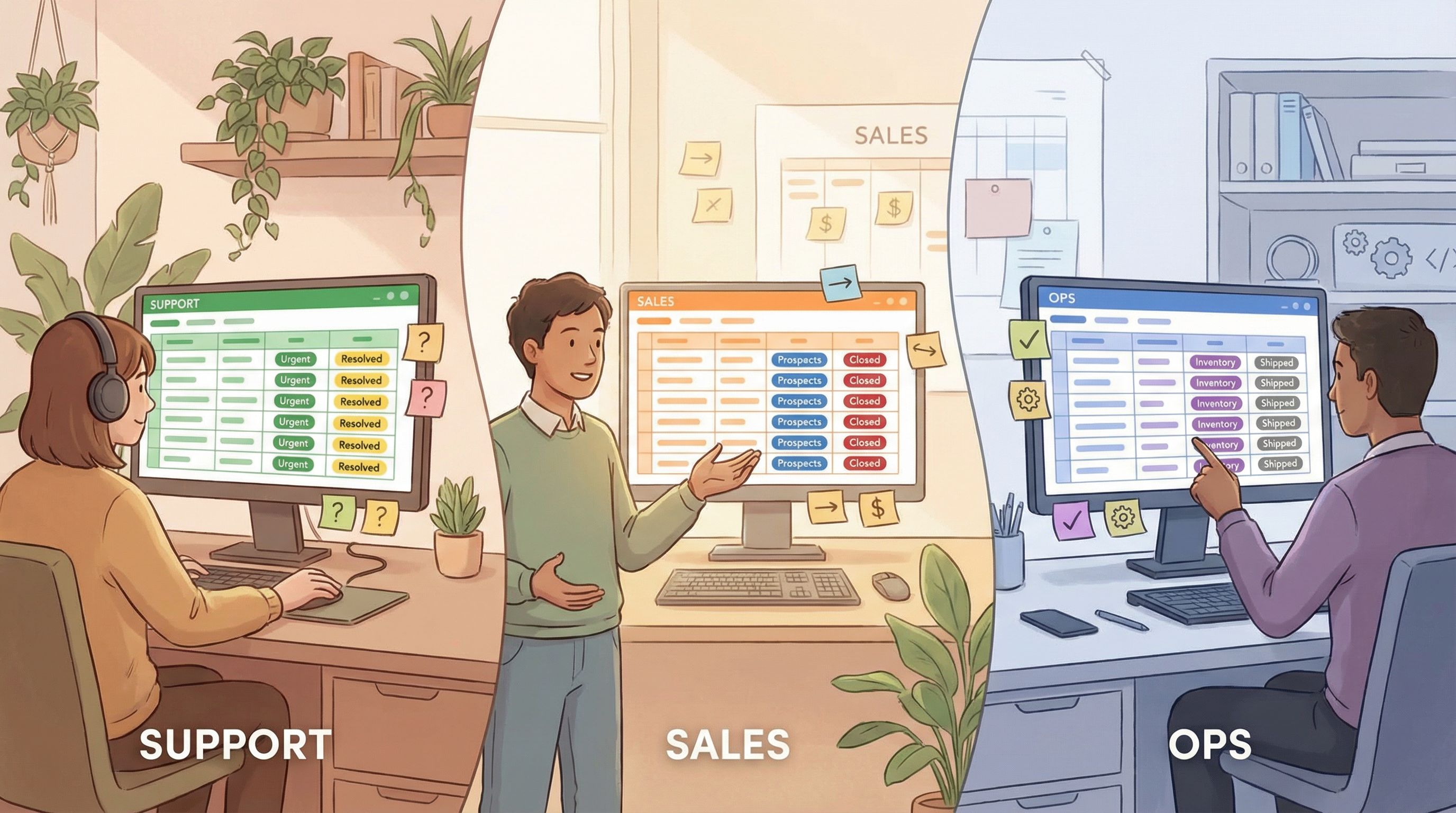 a split-screen illustration showing three teams—support, sales, and ops—each at their own workstatio