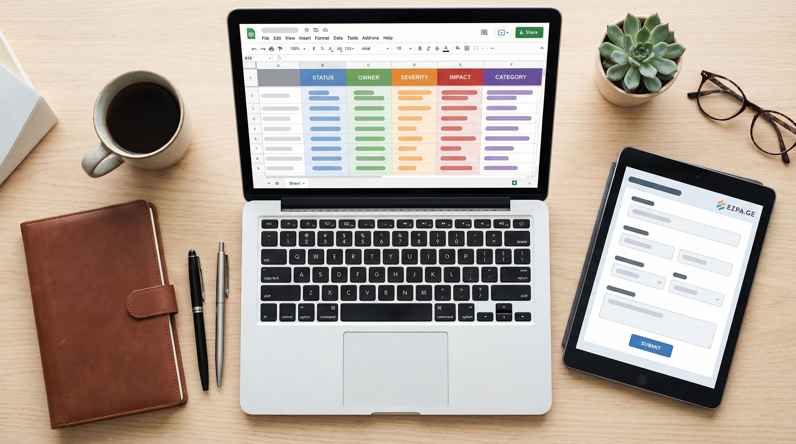 an overhead view of a laptop screen showing a clean, well-structured Google Sheet with color-coded c