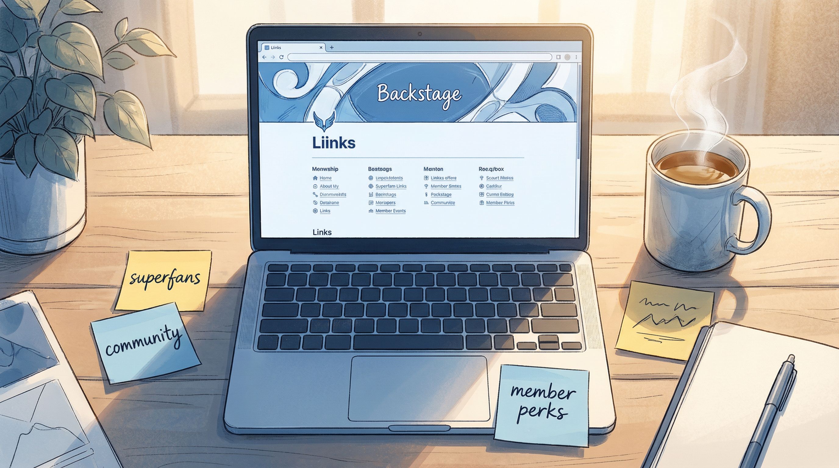 an overhead view of a creator’s workspace with a laptop open to a beautifully designed Liinks page l