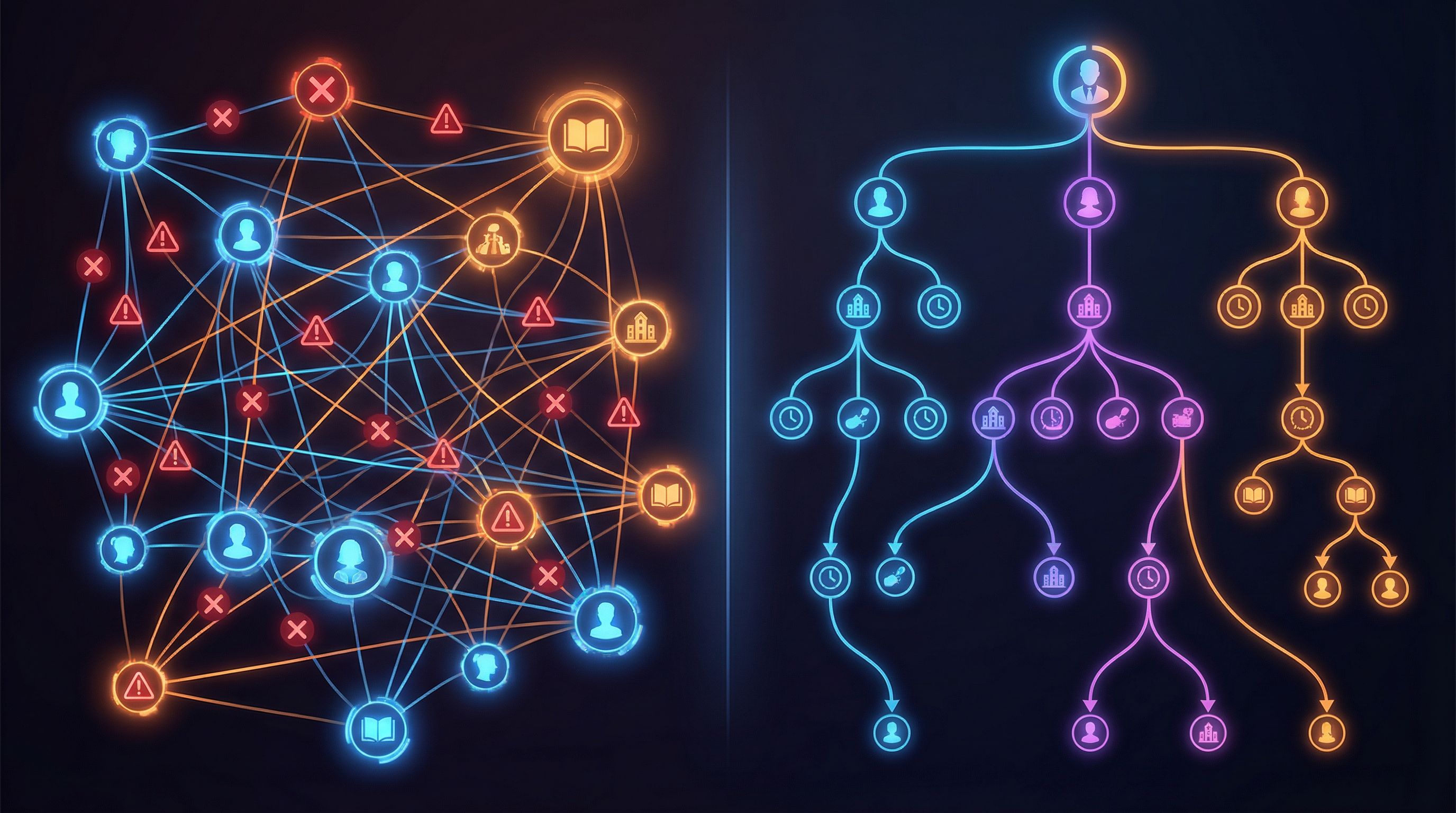 split-screen image showing on the left a tangled, chaotic web of story nodes with red error icons, a