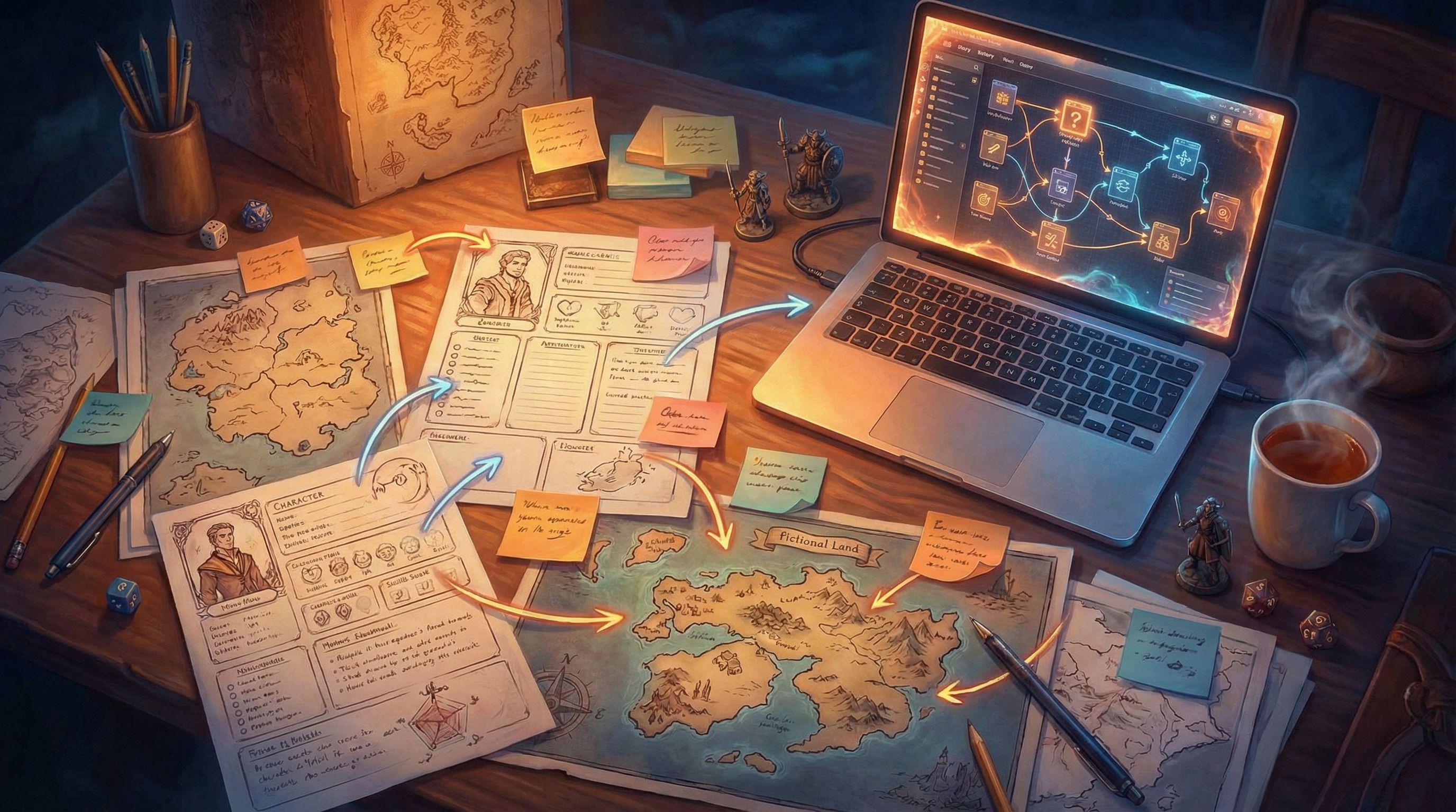 overhead view of a creator’s desk covered in printed character sheets, maps, sticky notes with arrow