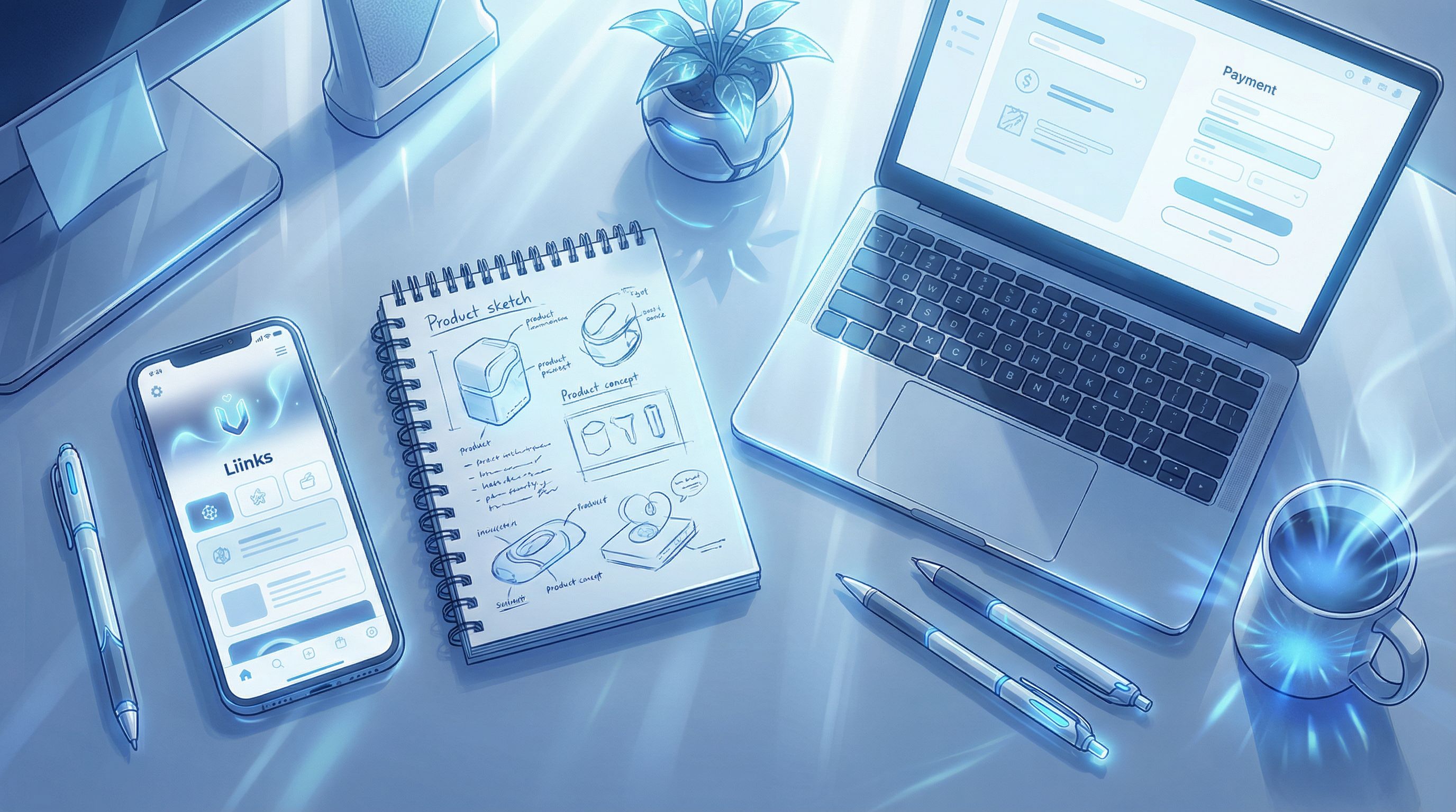 Overhead view of a creator’s desk with a phone showing a sleek Liinks page, next to handwritten prod