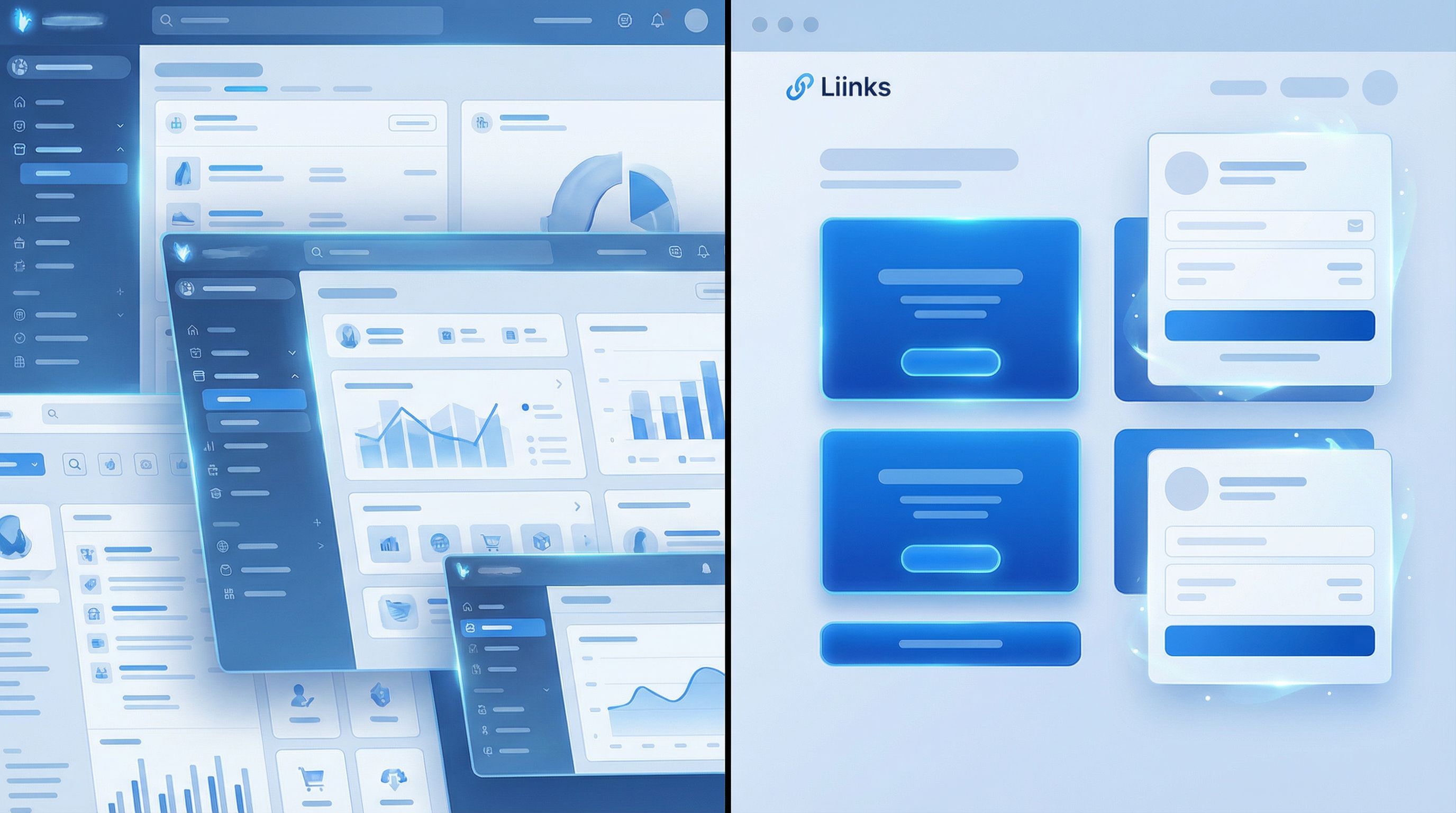 Split-screen style illustration showing on the left a cluttered, complex e-commerce dashboard with m
