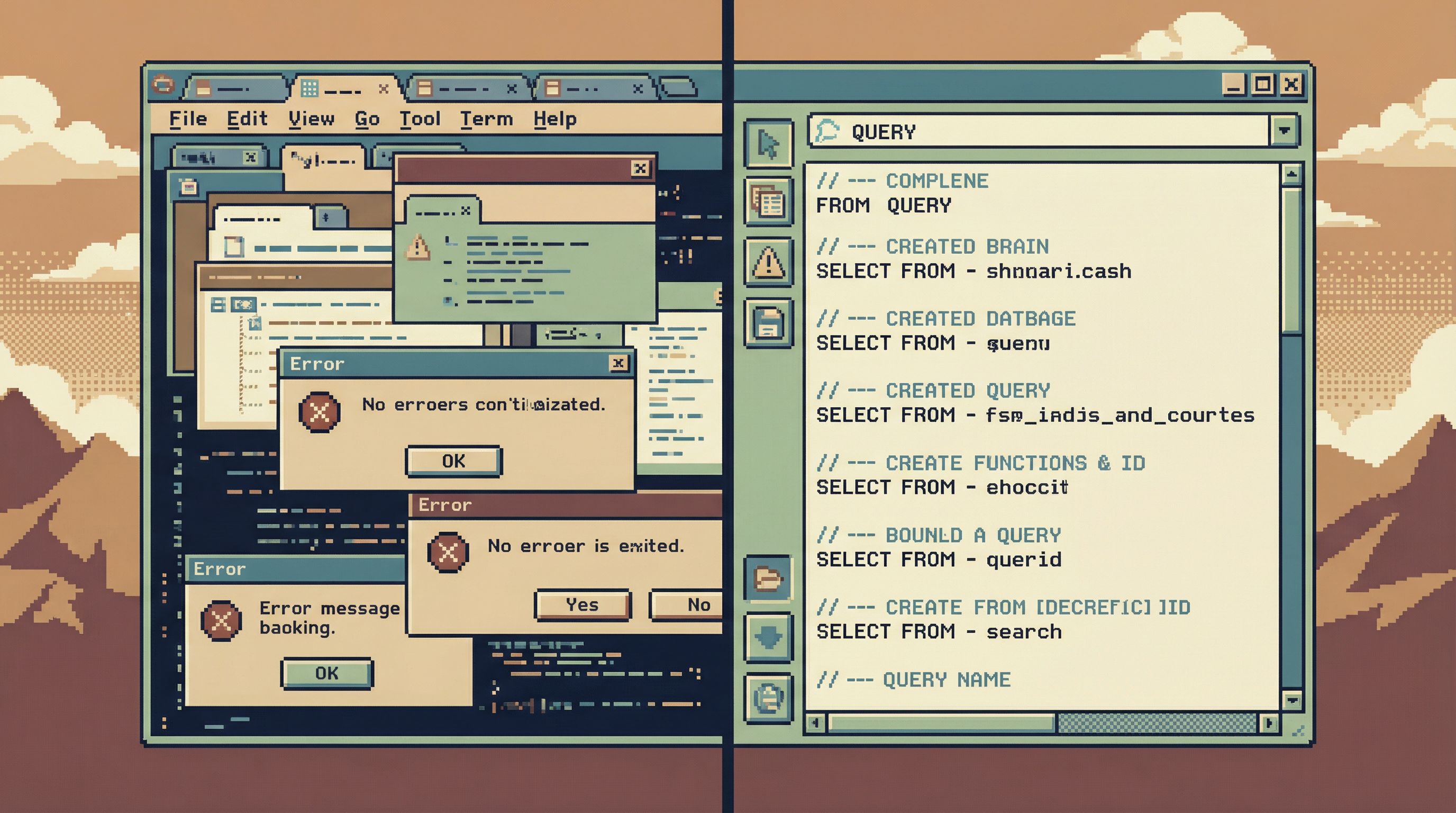 Split-screen view showing on the left a chaotic SQL IDE with many tabs and overlapping windows, and