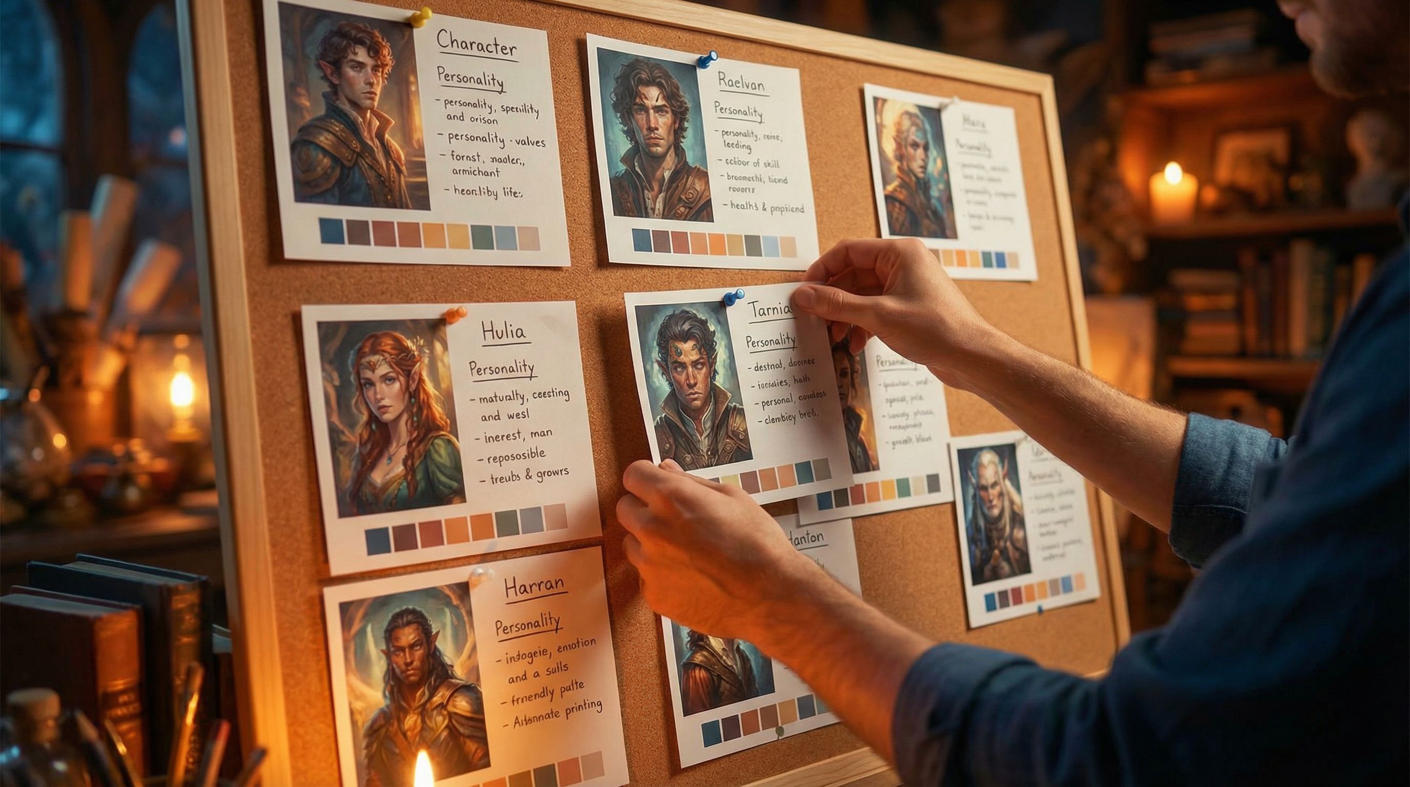 a virtual casting board pinned with character sheets, each showing AI-generated portraits, notes on