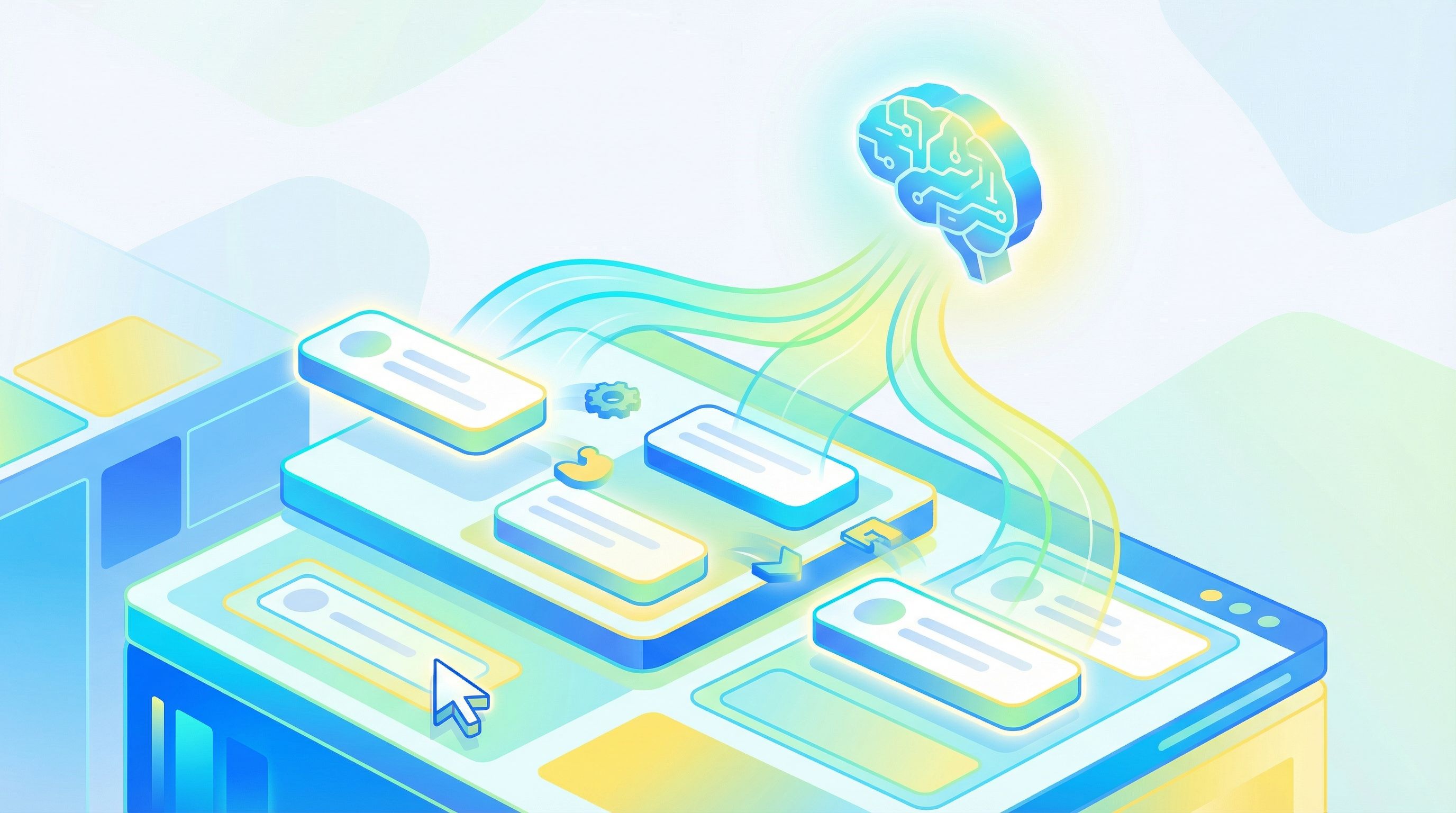 Isometric illustration of a multi-step form interface where questions rearrange themselves dynamical