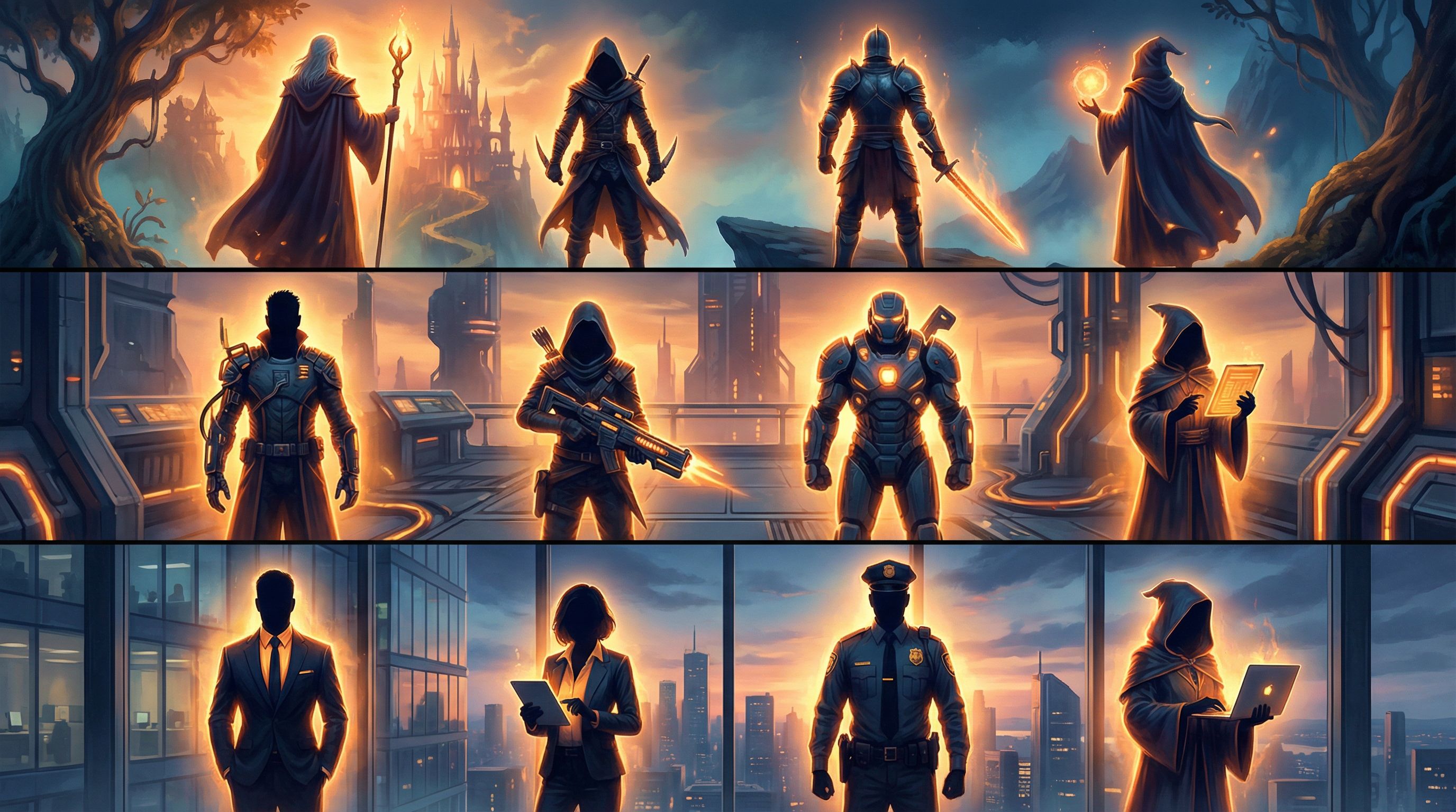 a split-screen scene showing the same core ensemble of four characters reimagined across three genre