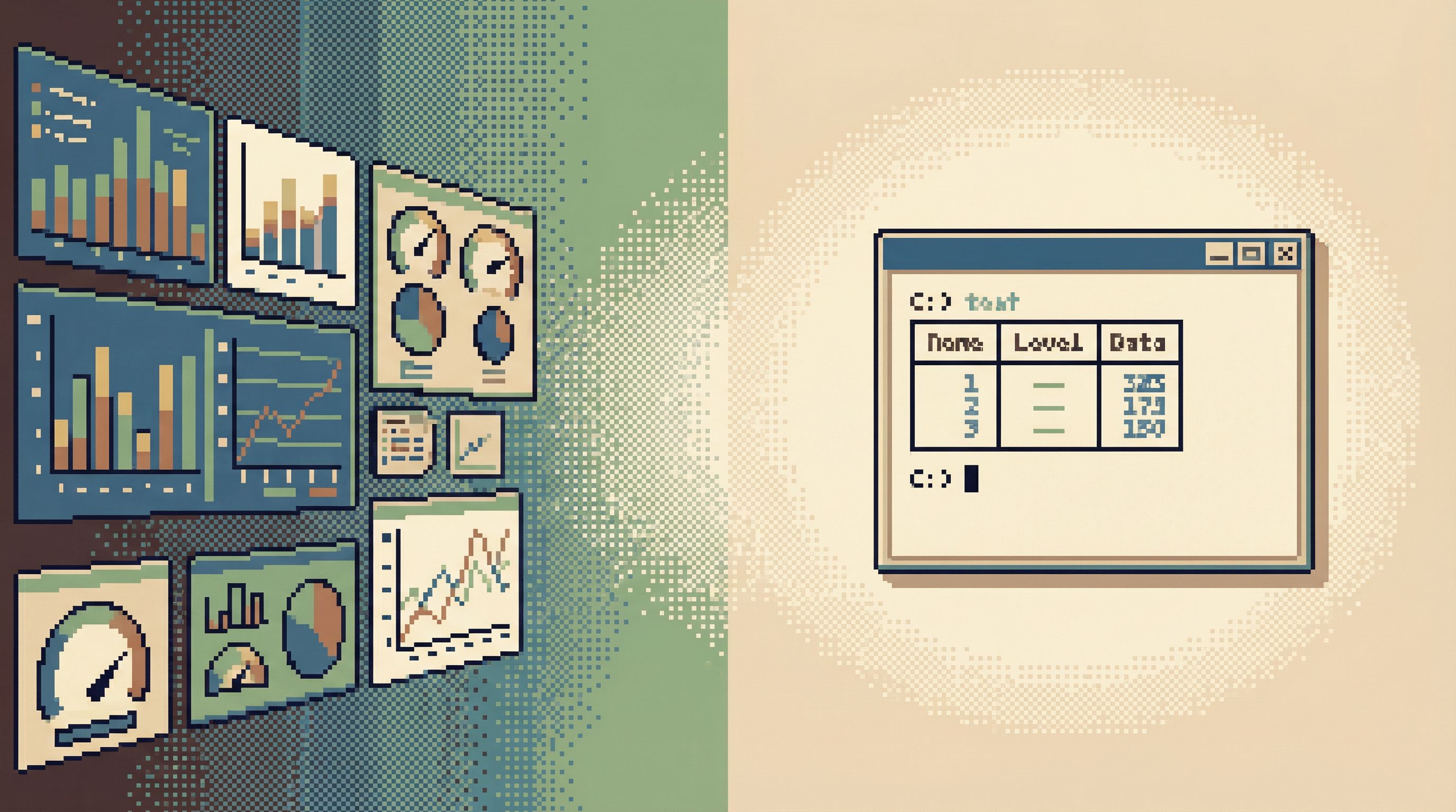 a split-screen composition showing on the left a cluttered wall of colorful dashboards and charts fa