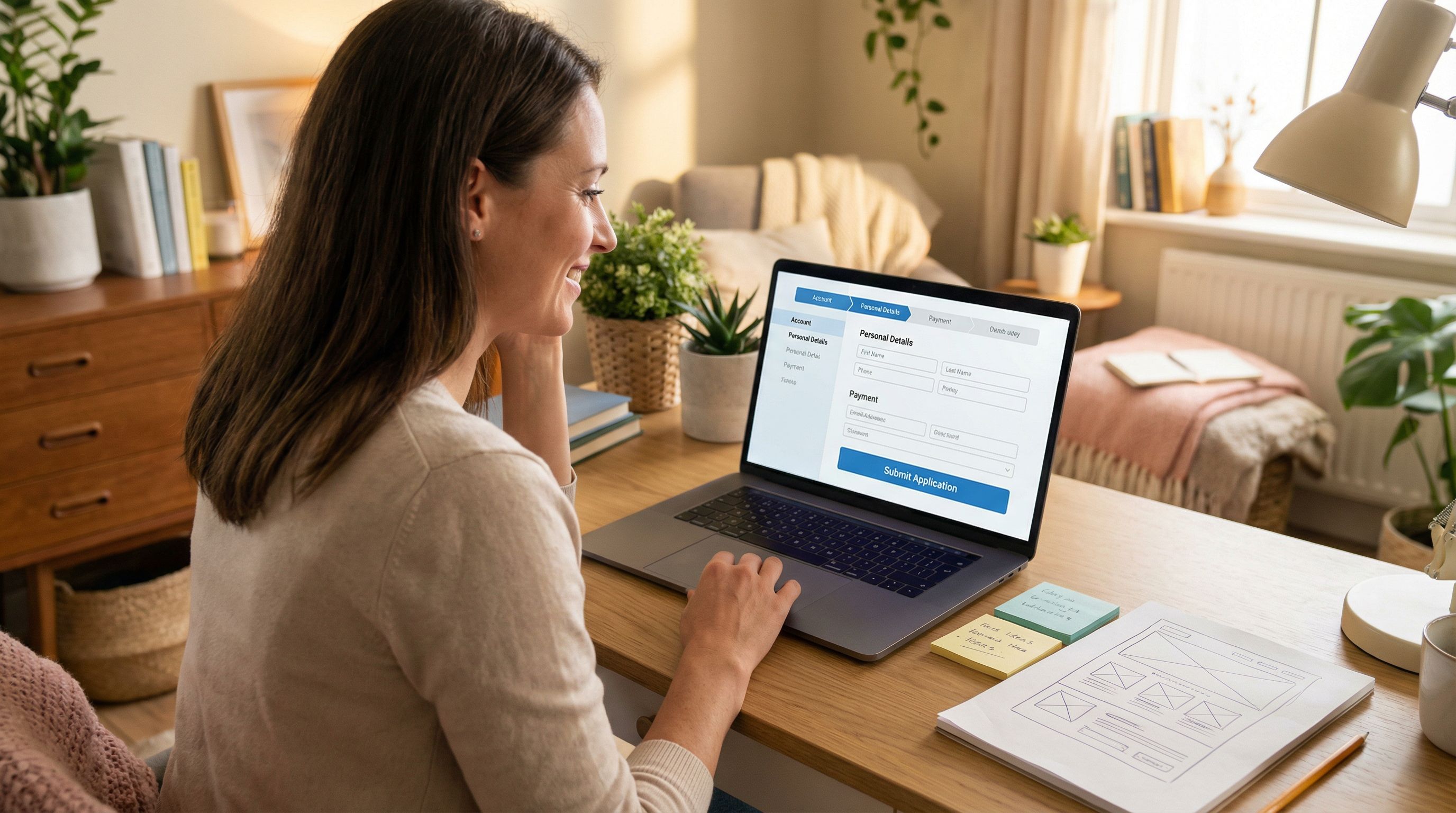 a startup founder reviewing a sleek web form theme on a laptop in a cozy workspace, sticky notes and