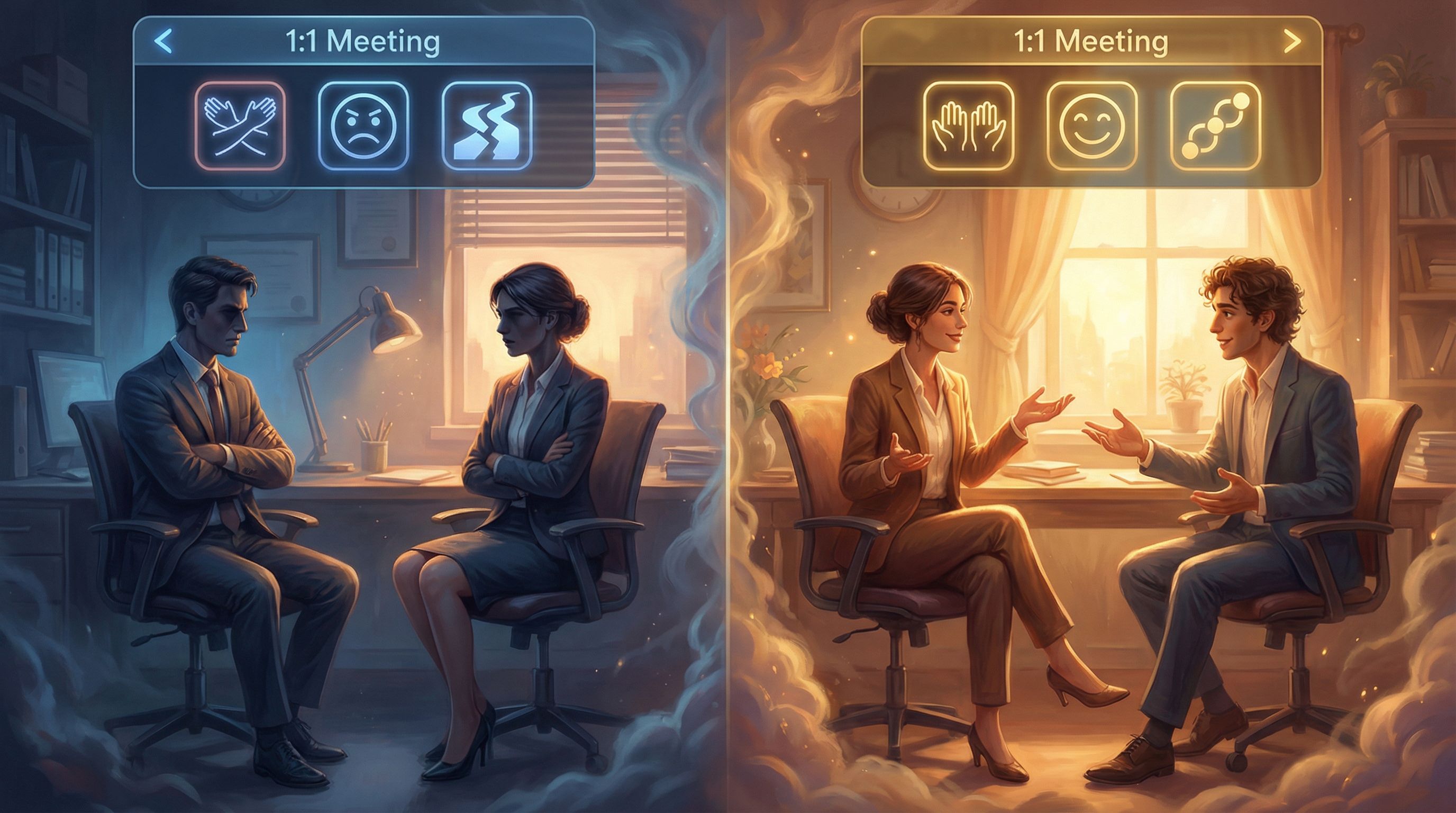 a split-screen scene showing two versions of the same 1:1 meeting, on the left a tense body language