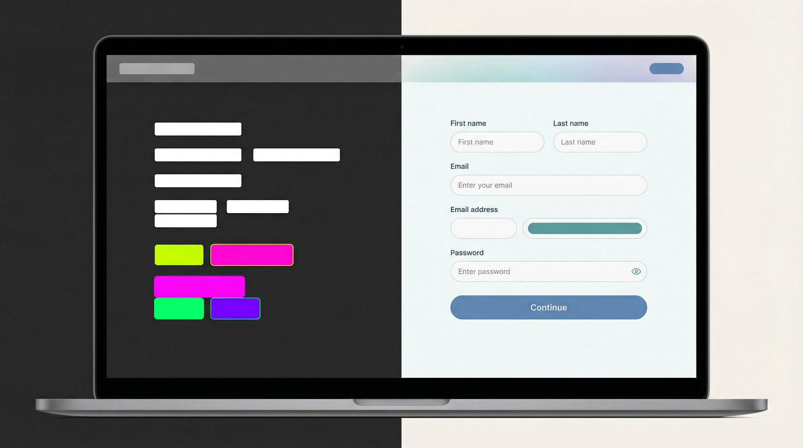 a side-by-side comparison of two web forms on a split screen, left side showing a generic default gr