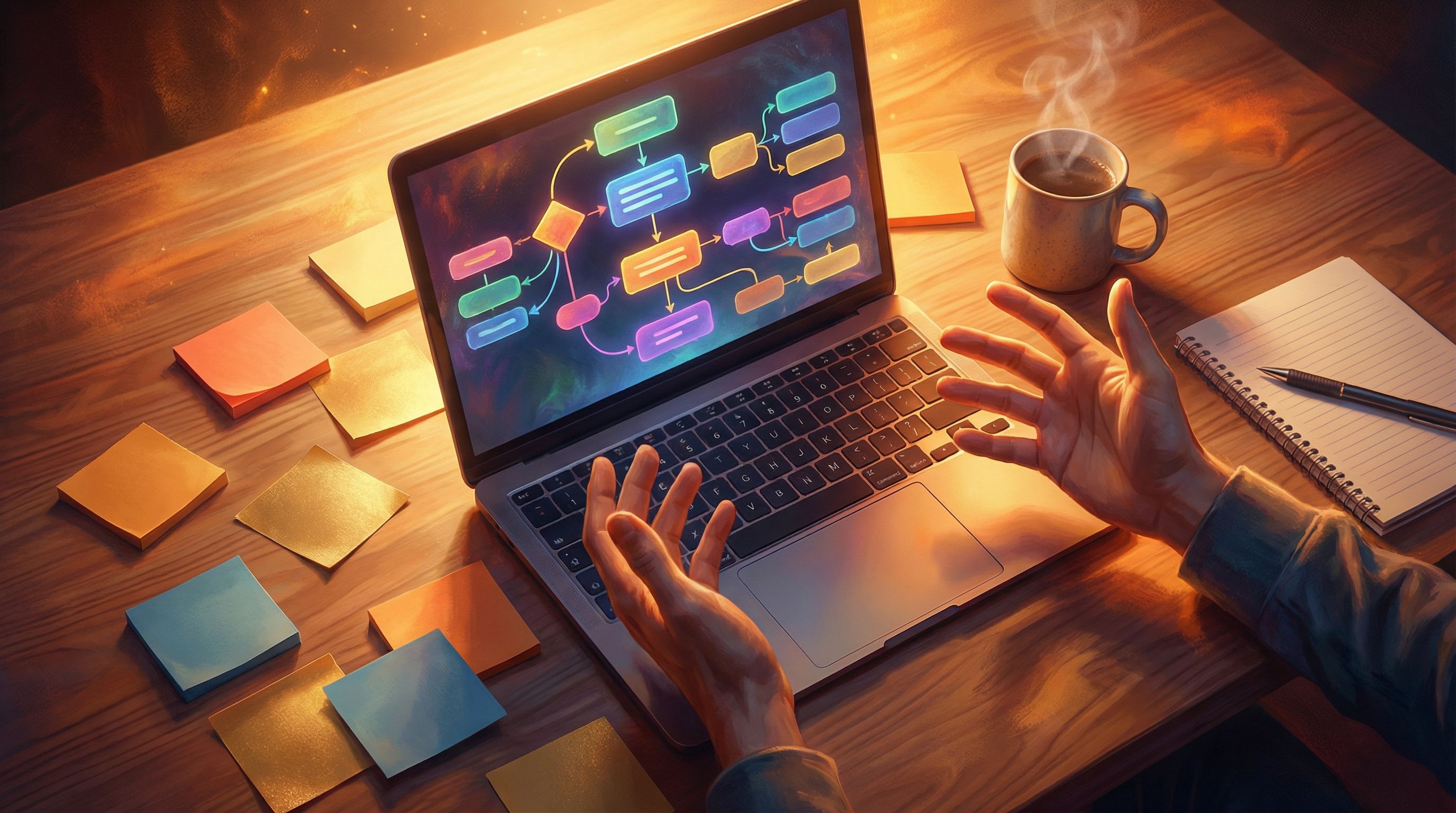 an overhead view of a laptop screen showing a colorful branching flowchart of dialogue options, surr