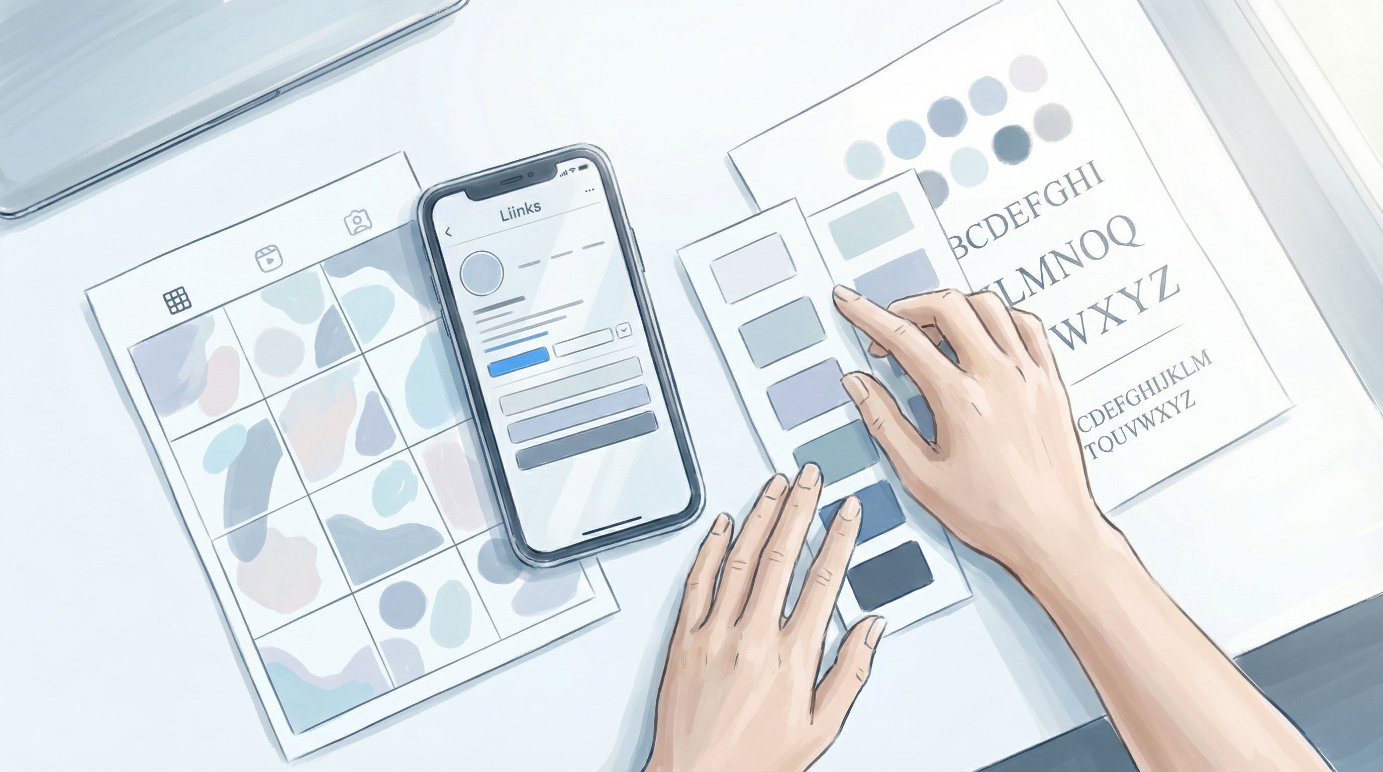 Flatlay of a smartphone showing a stylish Liinks page on screen, surrounded by printed Instagram gri