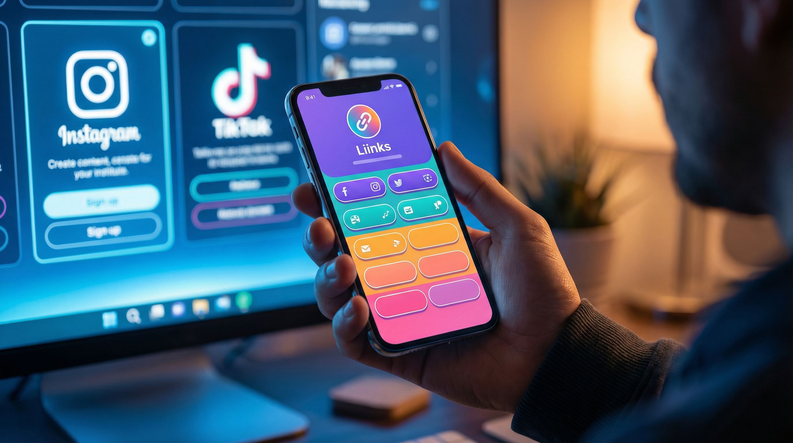 Close-up of a phone in a person’s hand showing a beautifully branded Liinks page with colorful butto