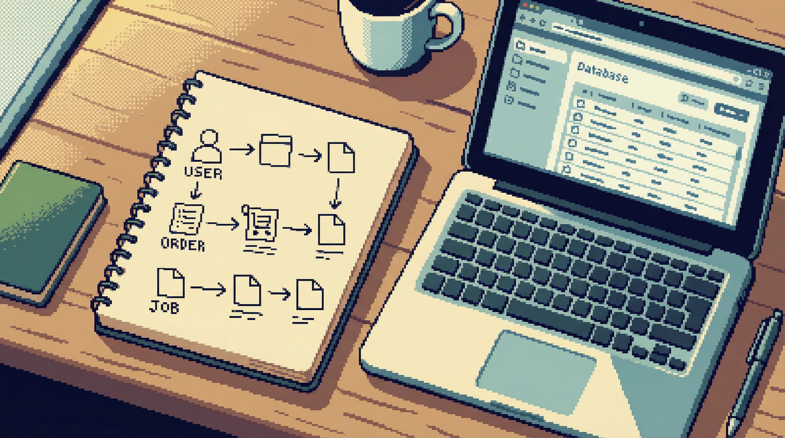 overhead view of a whiteboard or notebook with clean, minimal sketches of linear data flows and time