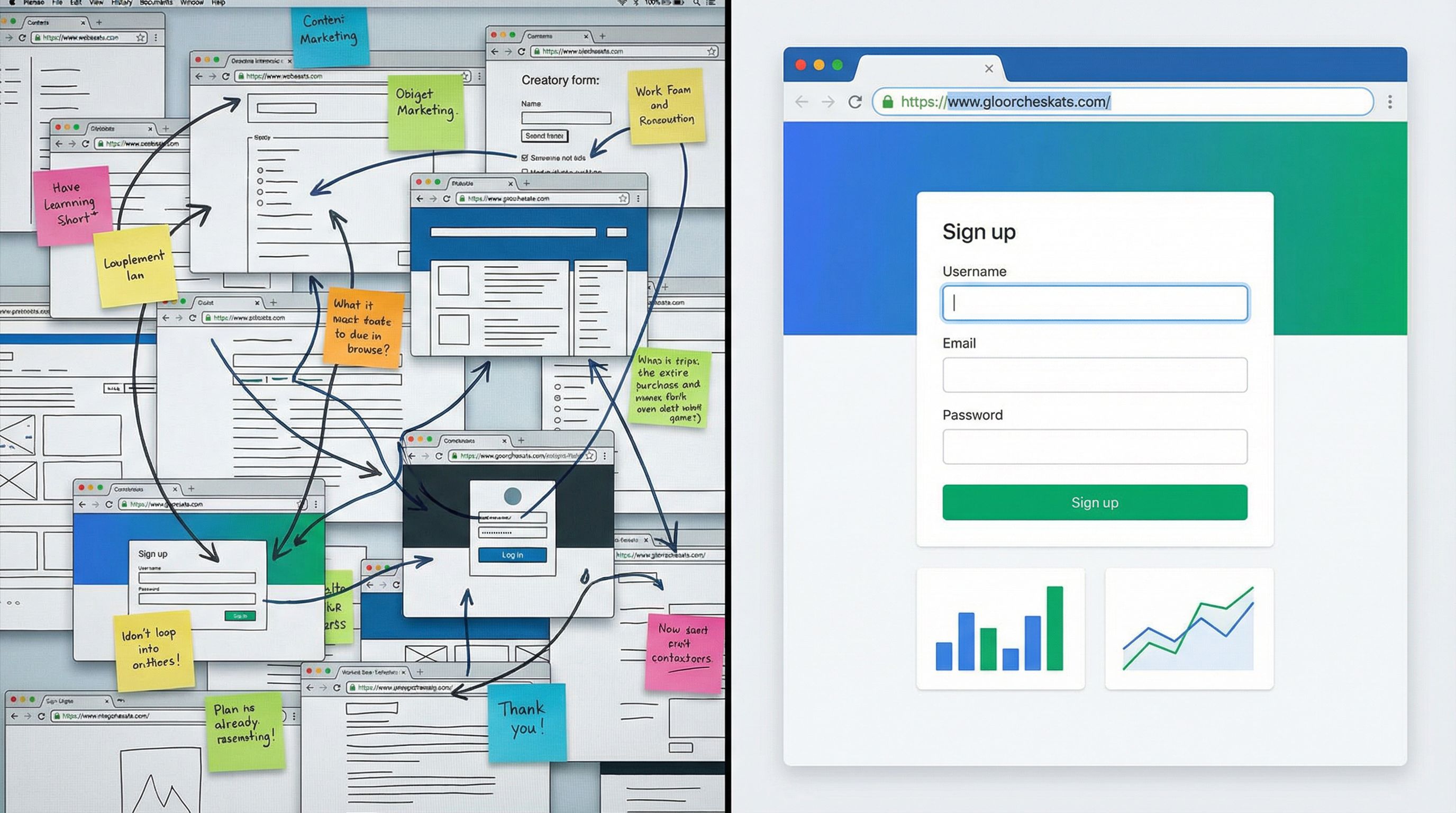 split-screen composition showing on the left a cluttered marketing workflow with multiple browser ta