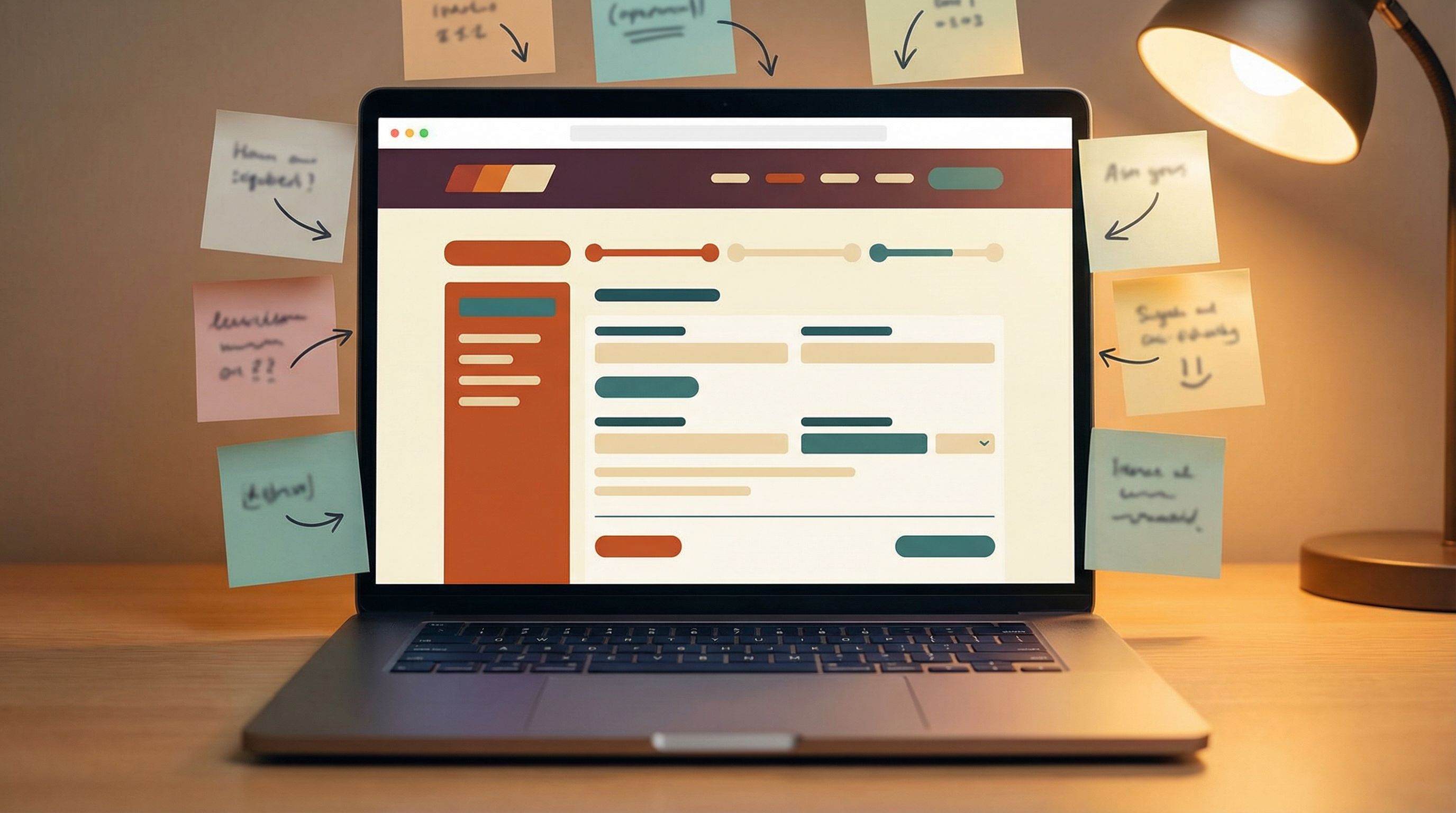 close-up of a laptop screen displaying a beautifully themed multi-step form with clear section heade