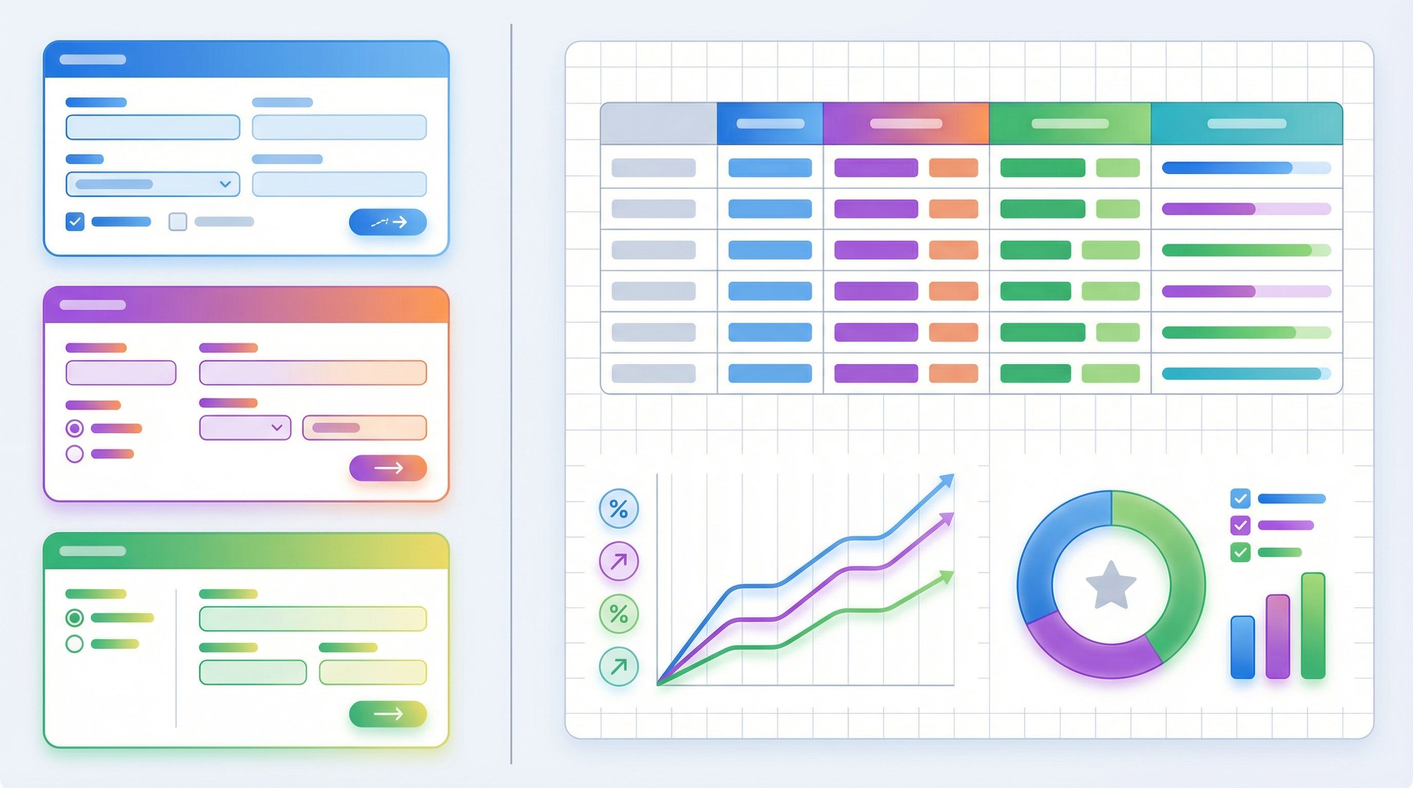 Split-screen dashboard-style illustration showing a left panel with three colorful form previews lab