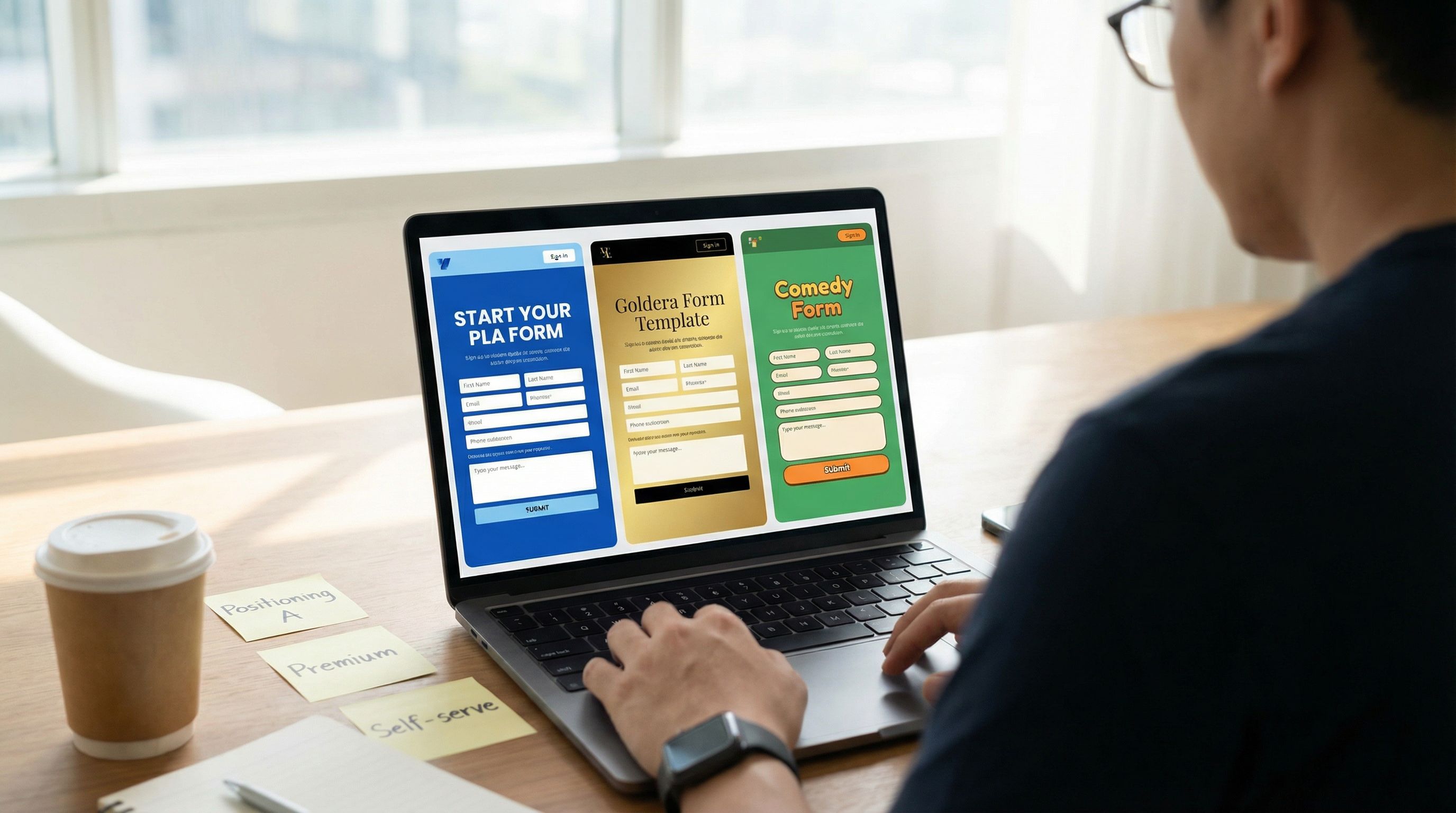 Over-the-shoulder view of a marketer’s laptop showing three visually distinct form themes side by si