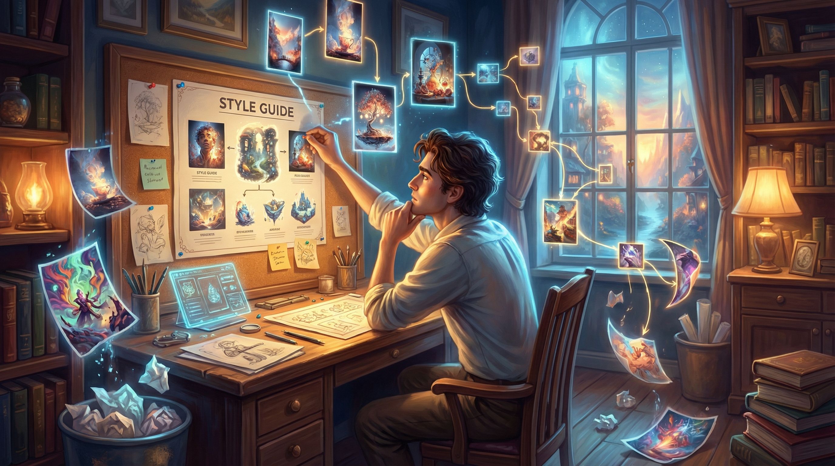 A creator at a desk surrounded by floating AI-generated images and branching story nodes, pinning a