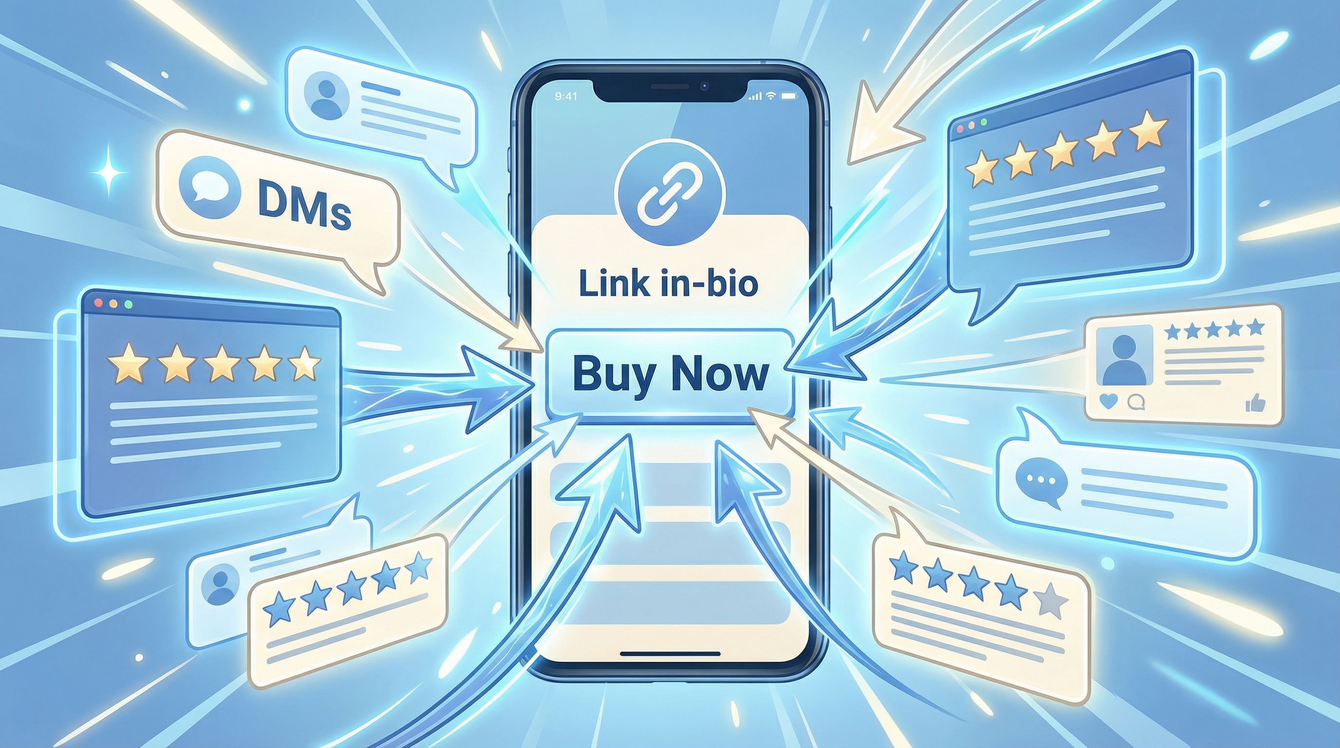 A collage-style scene showing user-generated content screenshots (DMs, comments, star ratings) float