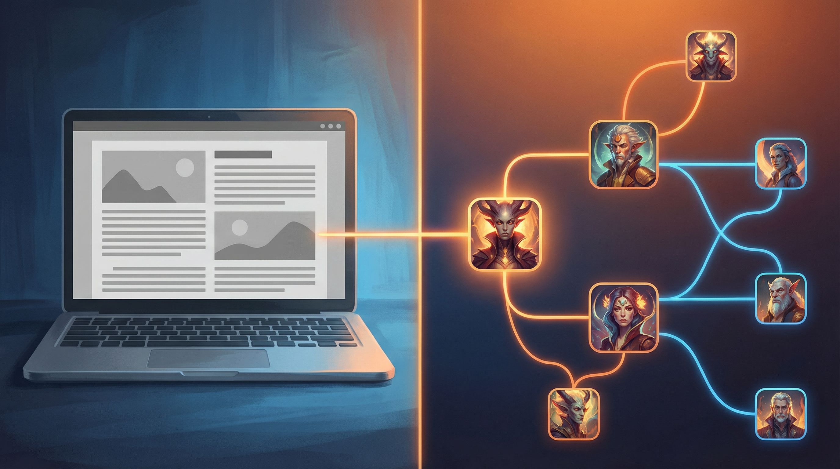 Split-screen illustration showing on the left a static article page on a laptop, grayscale and flat,