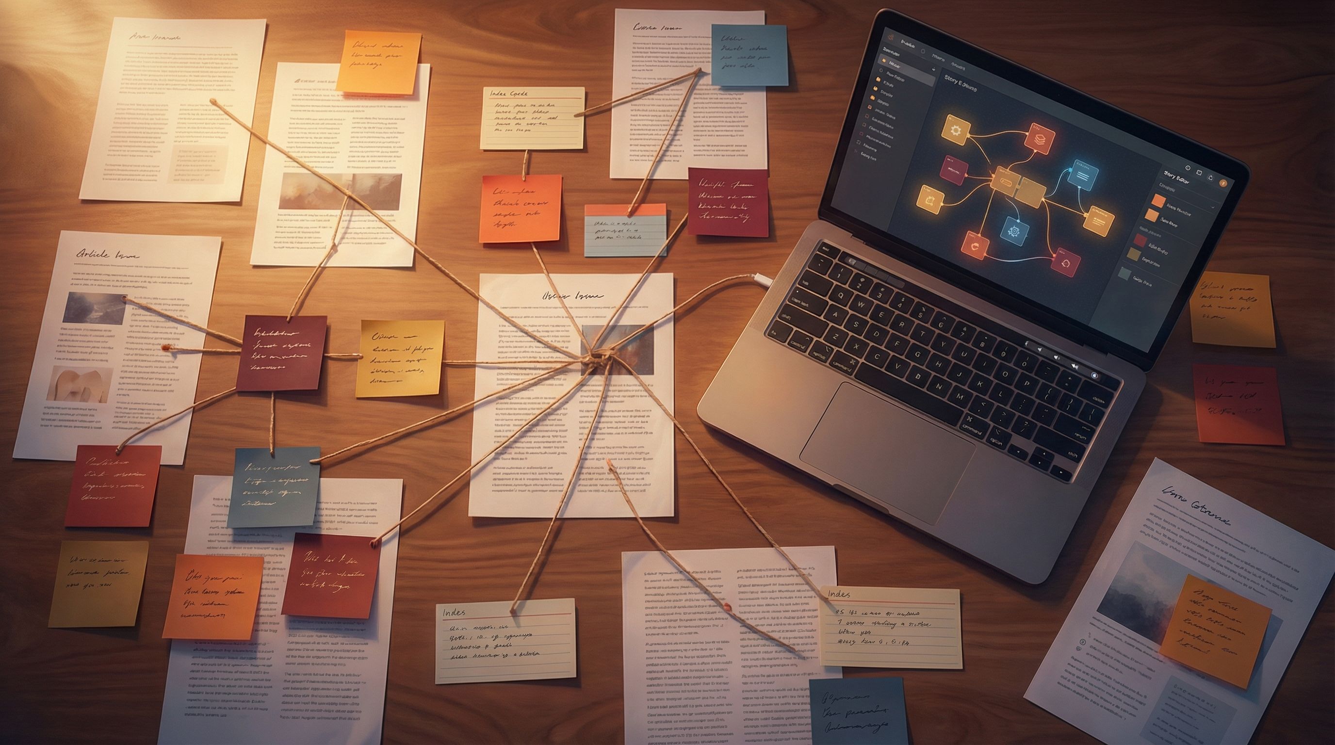 Overhead view of a content strategist’s desk covered in printed article pages, color-coded sticky no