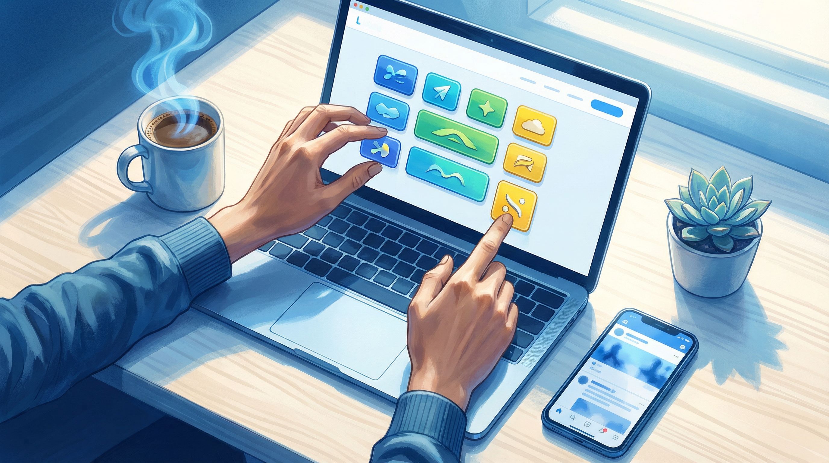 Overhead view of a creator at a laptop arranging colorful digital buttons labeled with different CTA